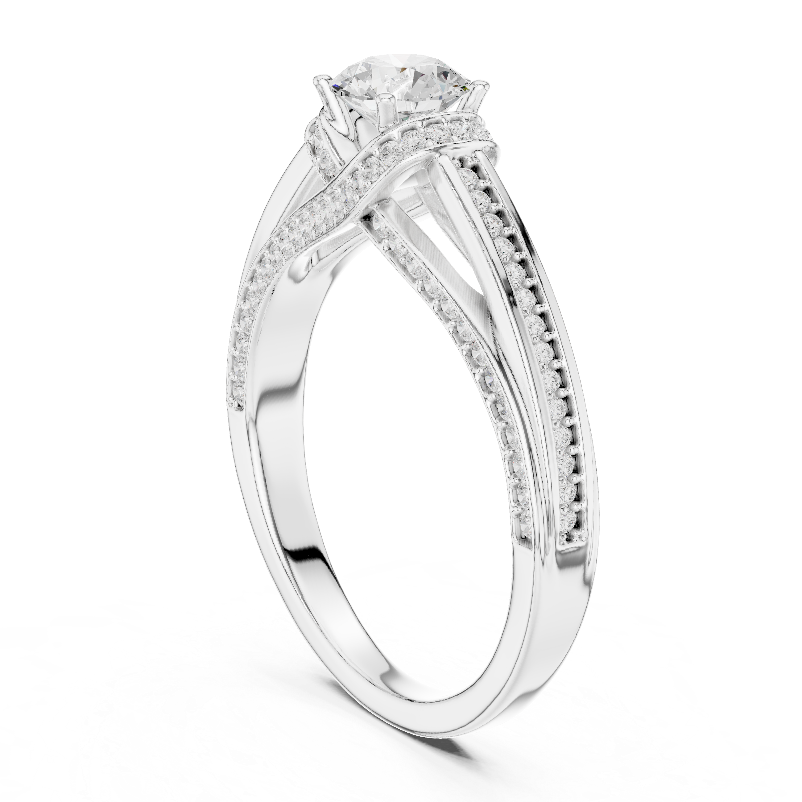 Timeless engagement ring with a brilliant round center and diamond-encrusted band.