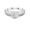 Timeless engagement ring with a brilliant round center and diamond-encrusted band.