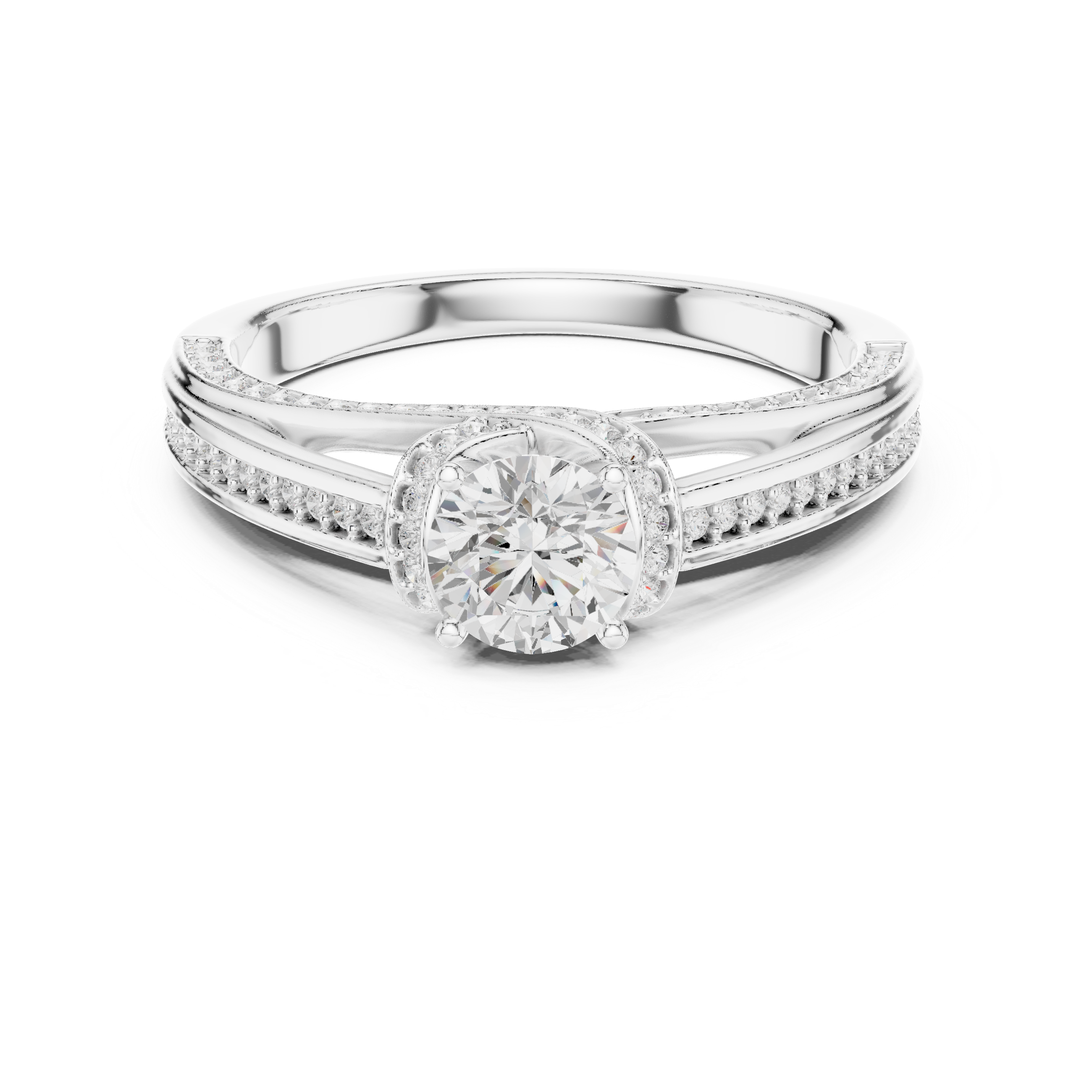 Timeless engagement ring with a brilliant round center and diamond-encrusted band.