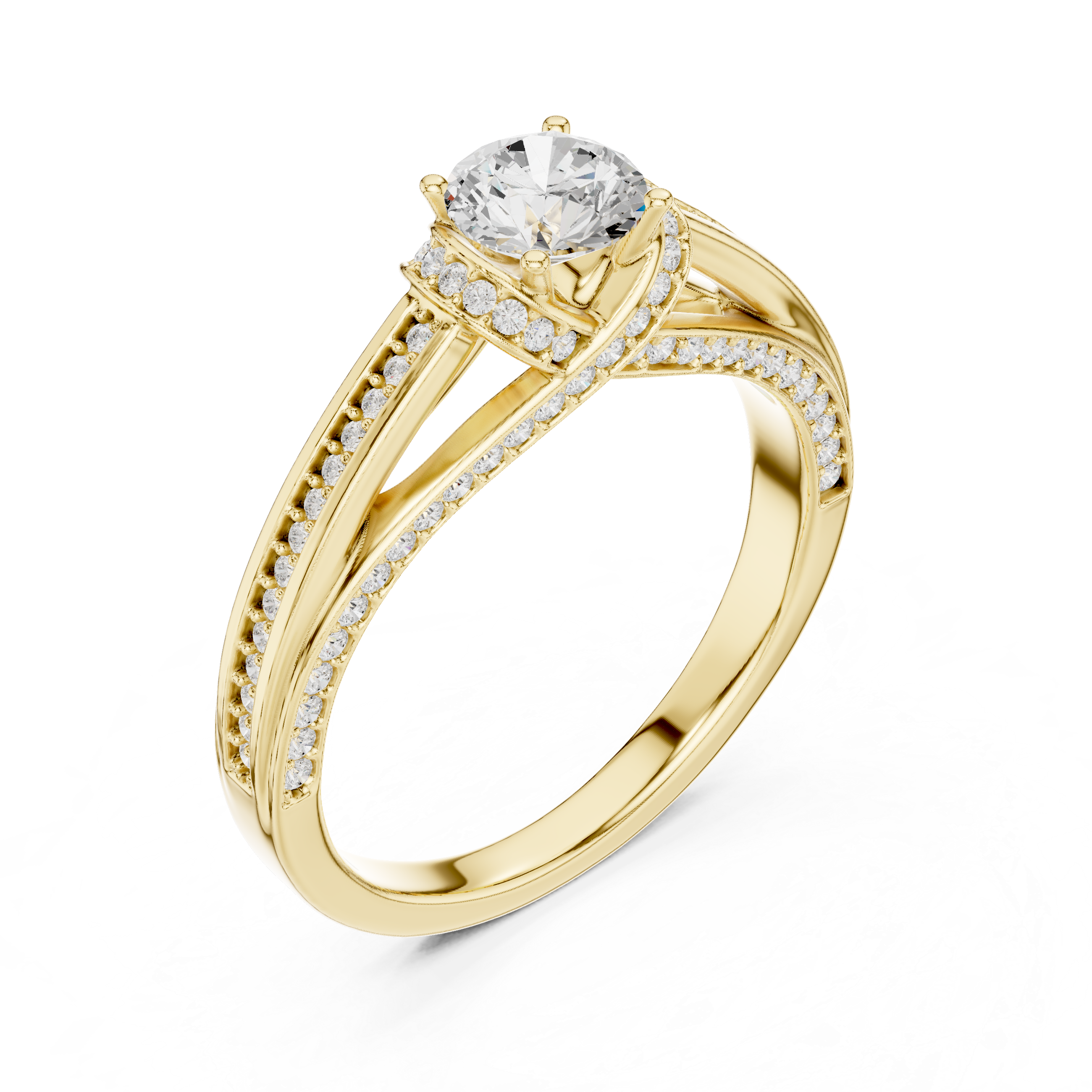 Timeless engagement ring with a brilliant round center and diamond-encrusted band.