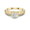 Timeless engagement ring with a brilliant round center and diamond-encrusted band.