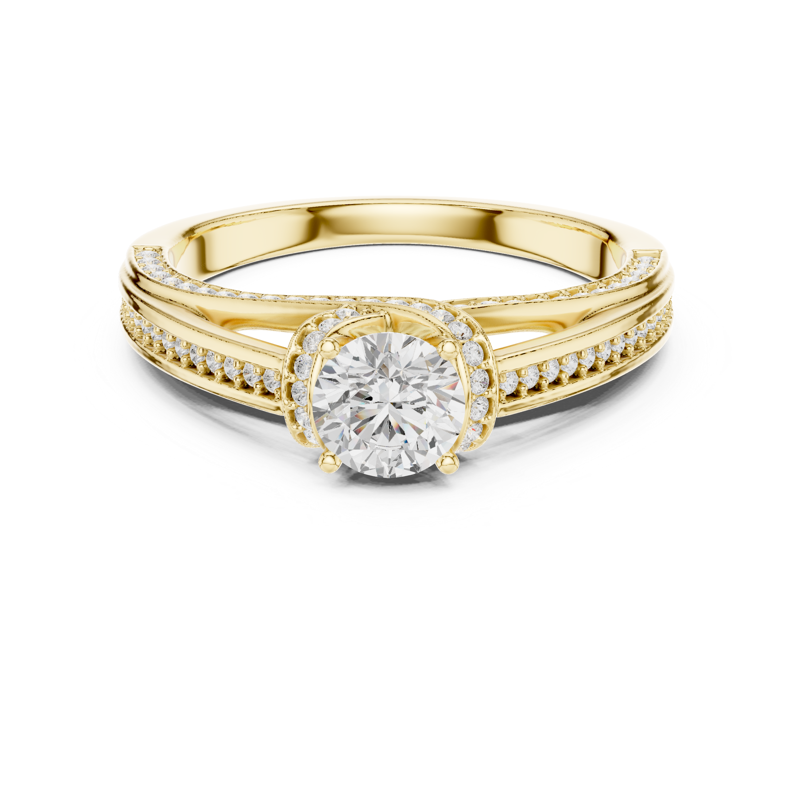 Timeless engagement ring with a brilliant round center and diamond-encrusted band.