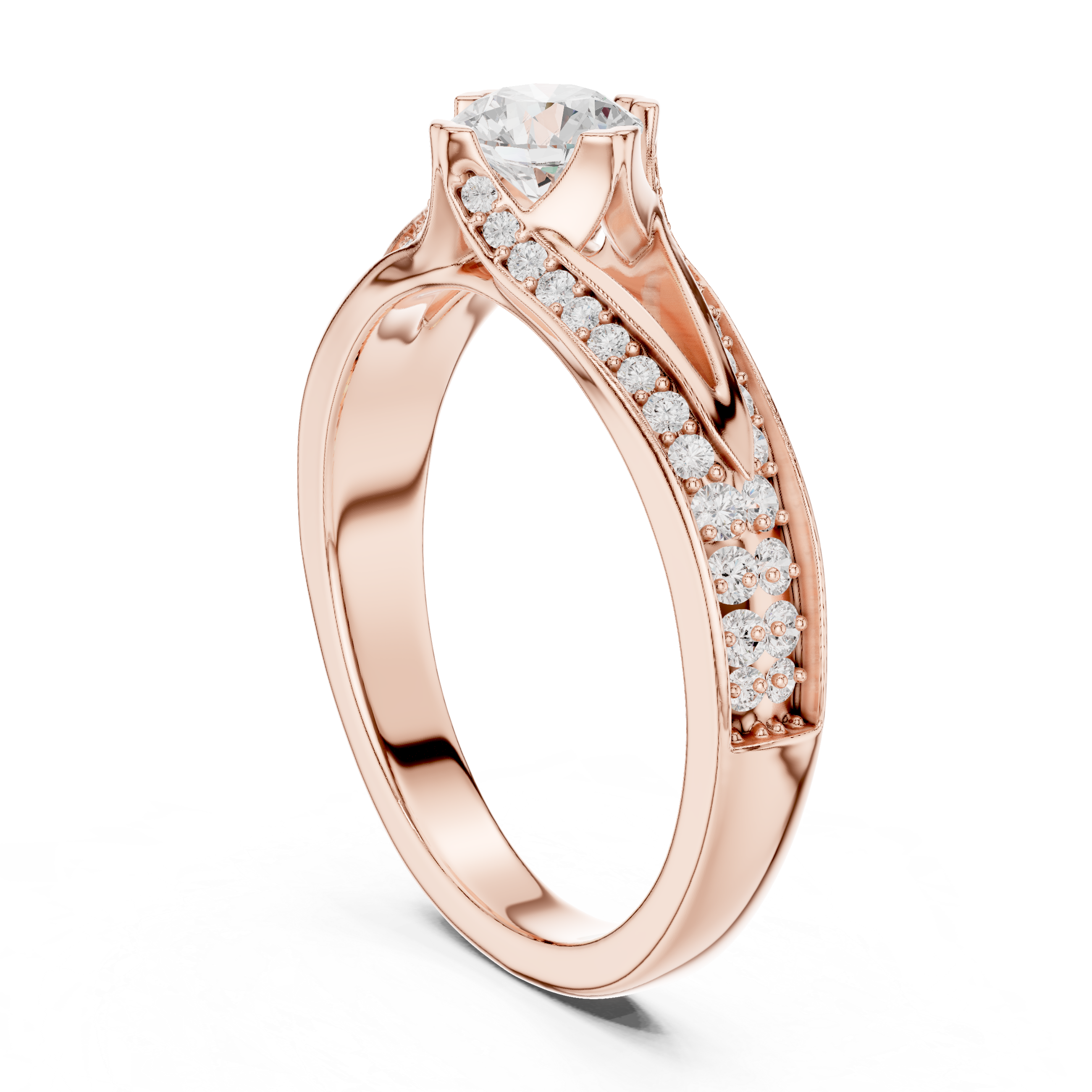 A split shank engagement ring with channel-set diamonds and a round solitaire center stone.