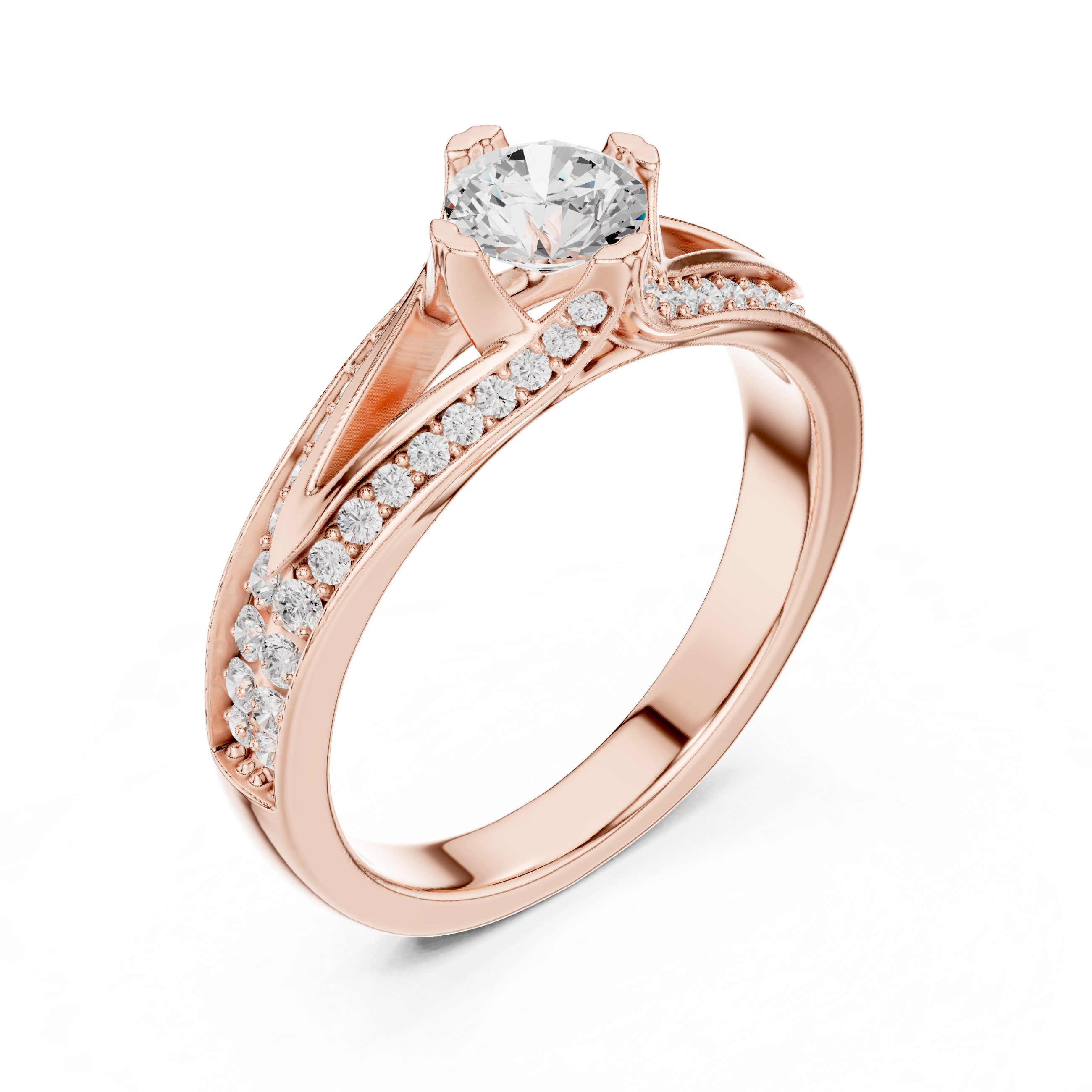 A split shank engagement ring with channel-set diamonds and a round solitaire center stone.