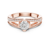 A split shank engagement ring with channel-set diamonds and a round solitaire center stone.