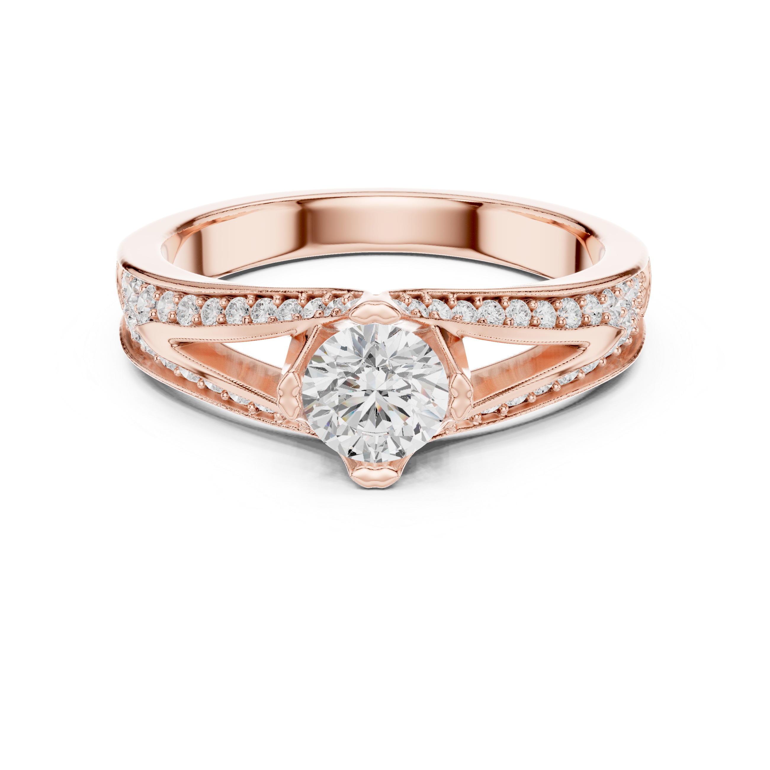 A split shank engagement ring with channel-set diamonds and a round solitaire center stone.