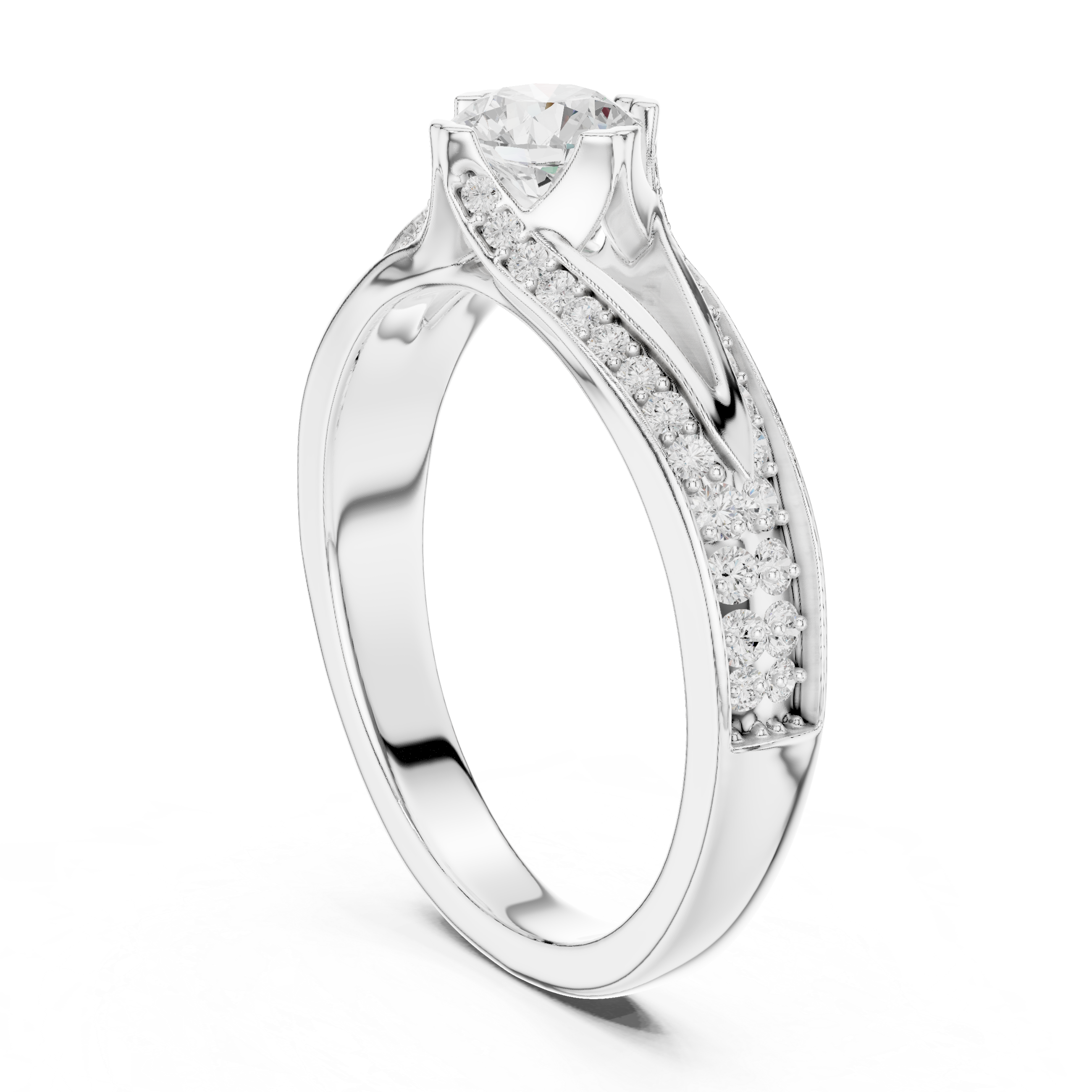A split shank engagement ring with channel-set diamonds and a round solitaire center stone.