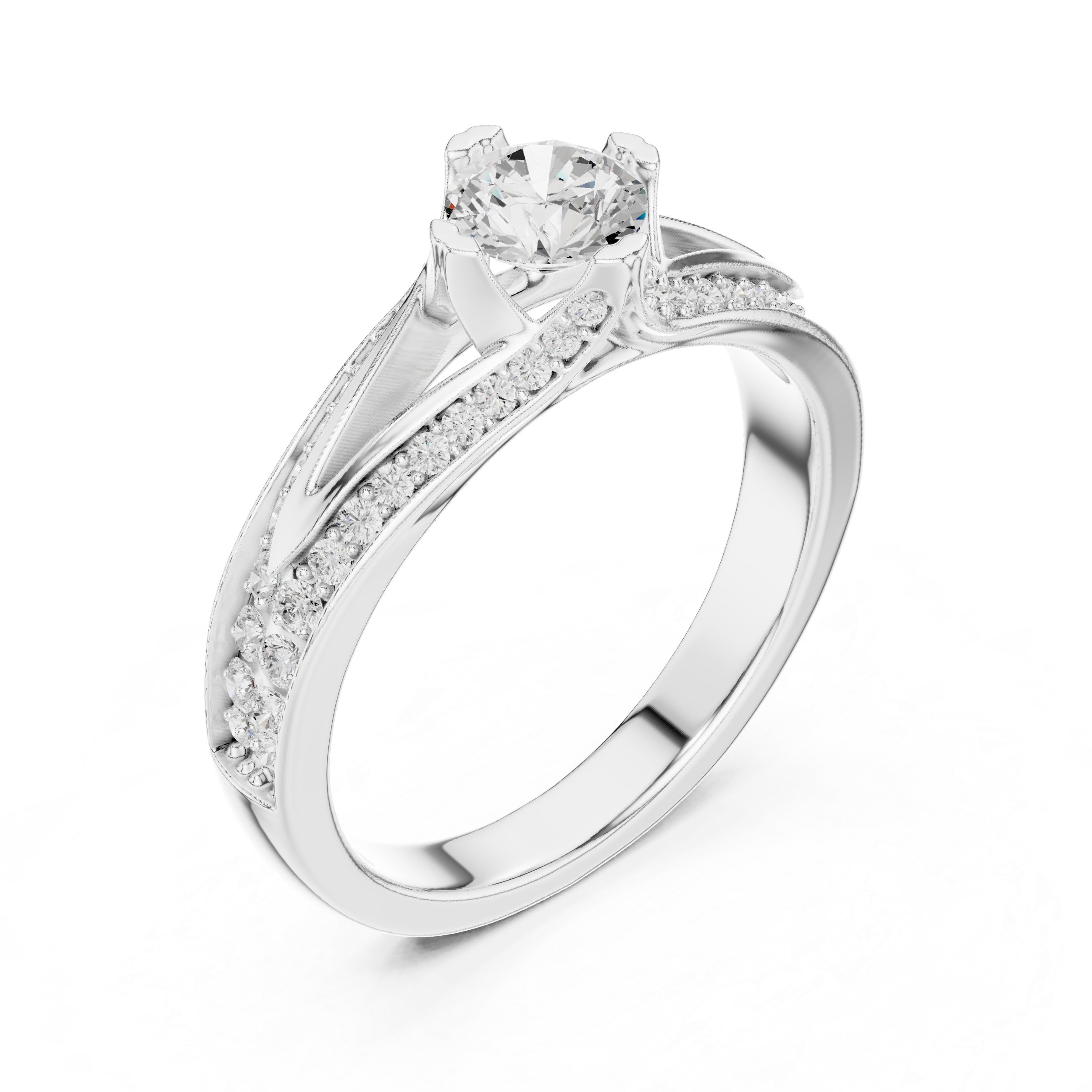 A split shank engagement ring with channel-set diamonds and a round solitaire center stone.