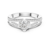 A split shank engagement ring with channel-set diamonds and a round solitaire center stone.