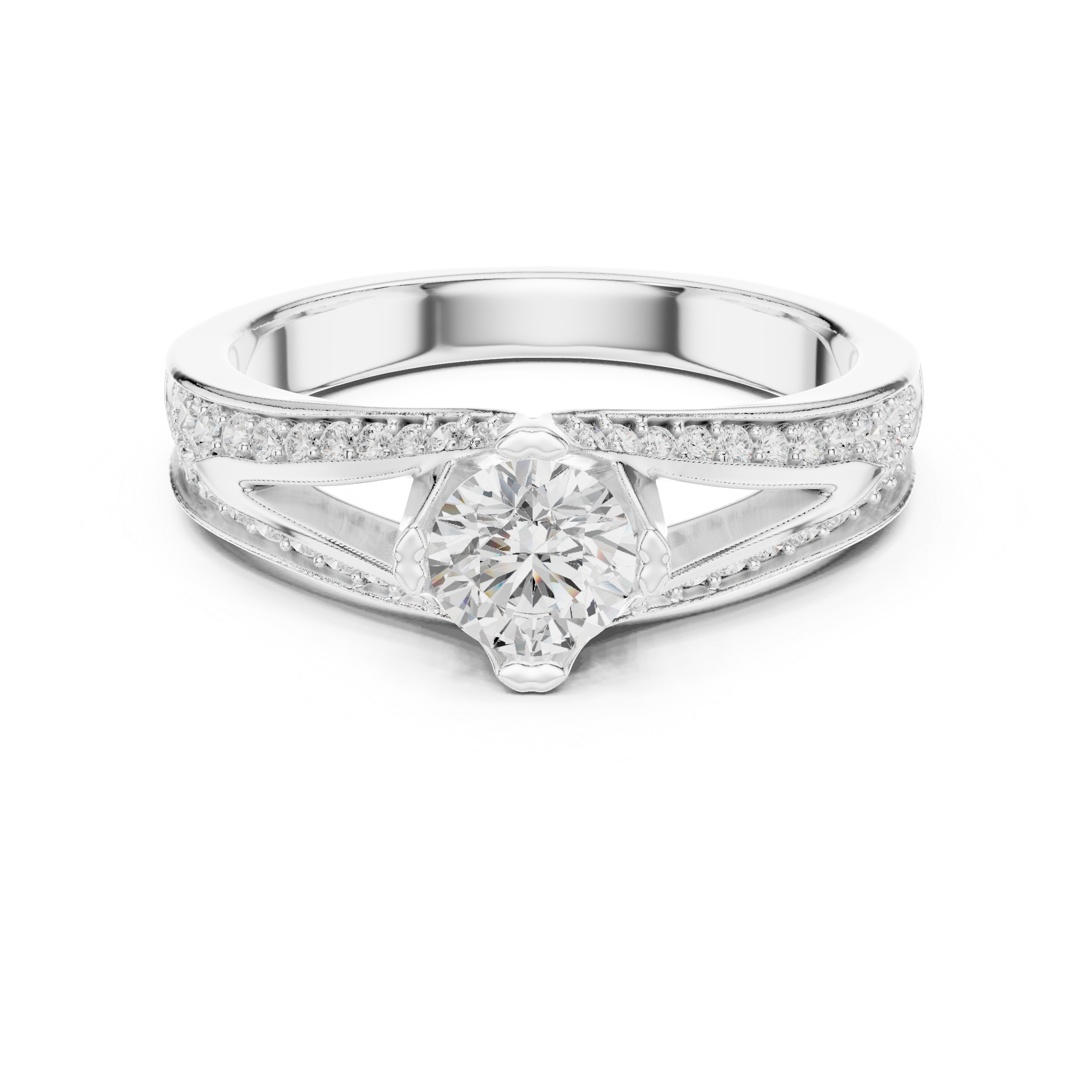 A split shank engagement ring with channel-set diamonds and a round solitaire center stone.