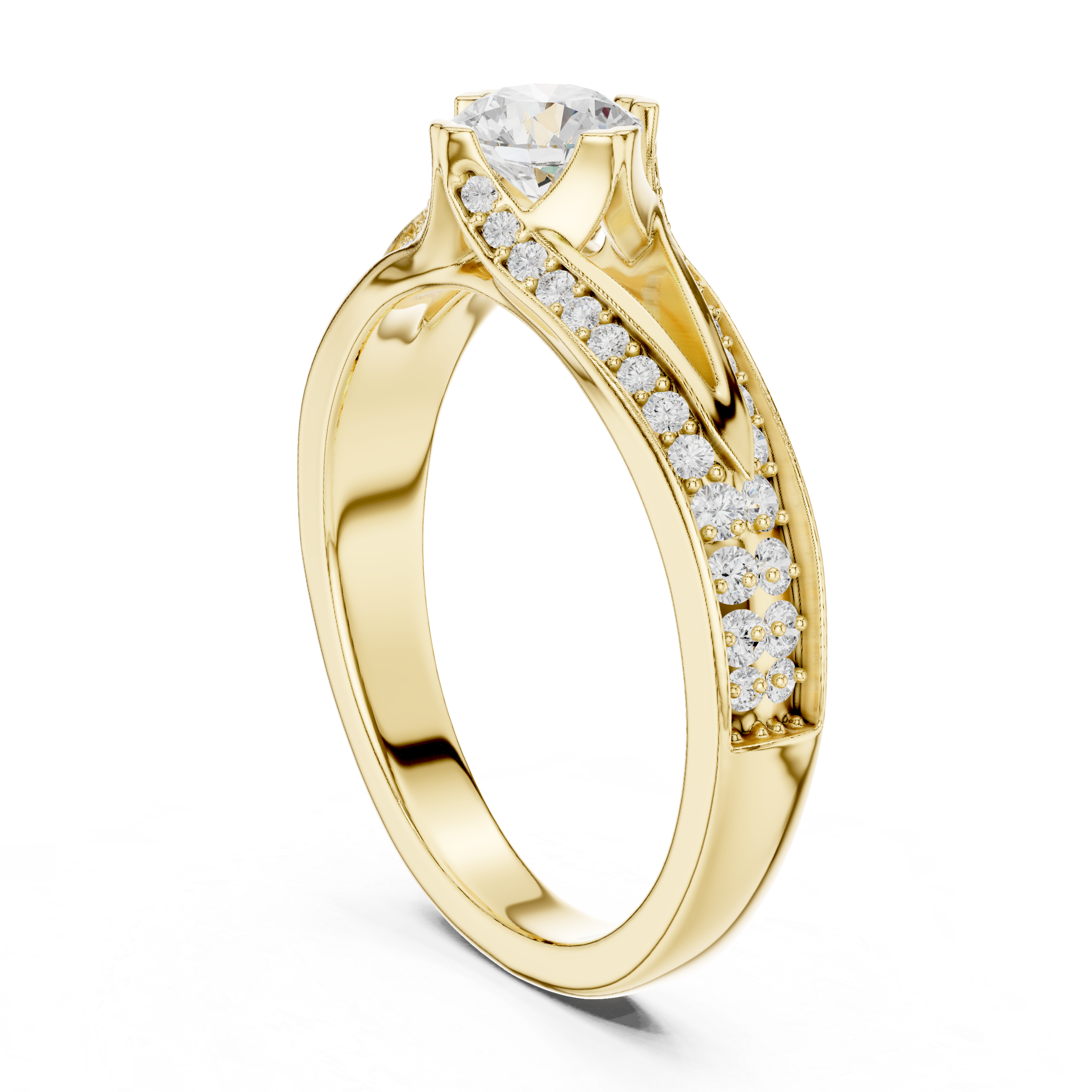 A split shank engagement ring with channel-set diamonds and a round solitaire center stone.