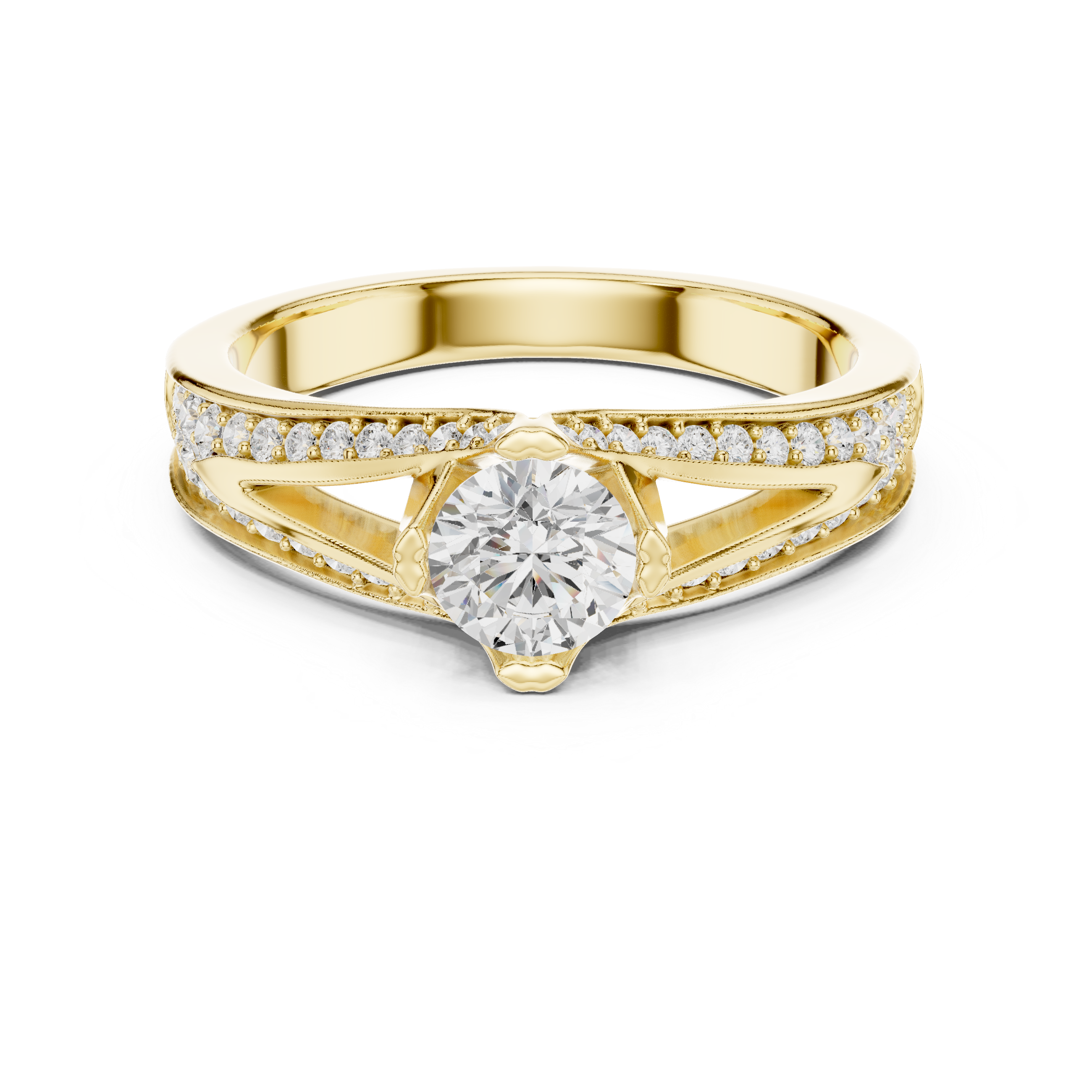 A split shank engagement ring with channel-set diamonds and a round solitaire center stone.