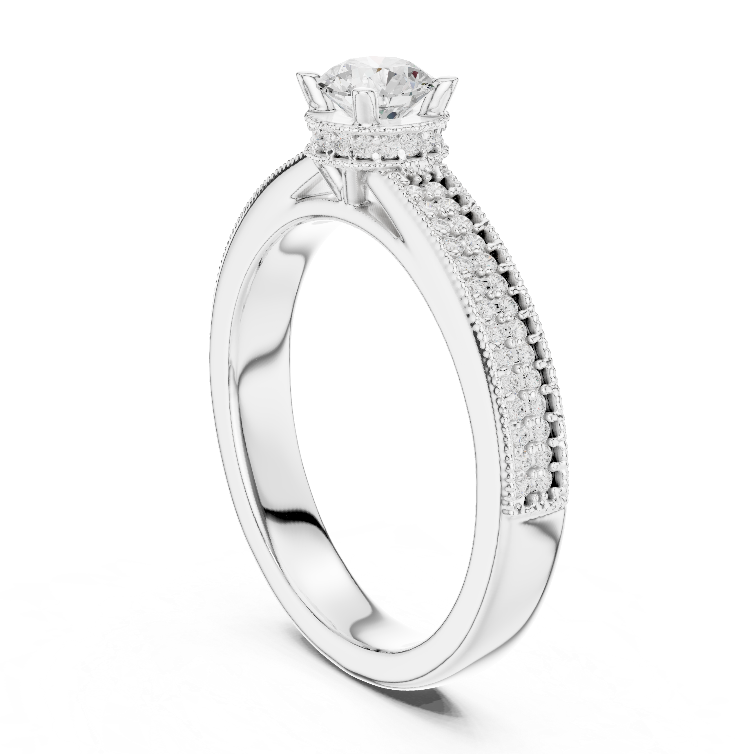 Crown-Set Solitaire Diamond Ring with Double Pave Band