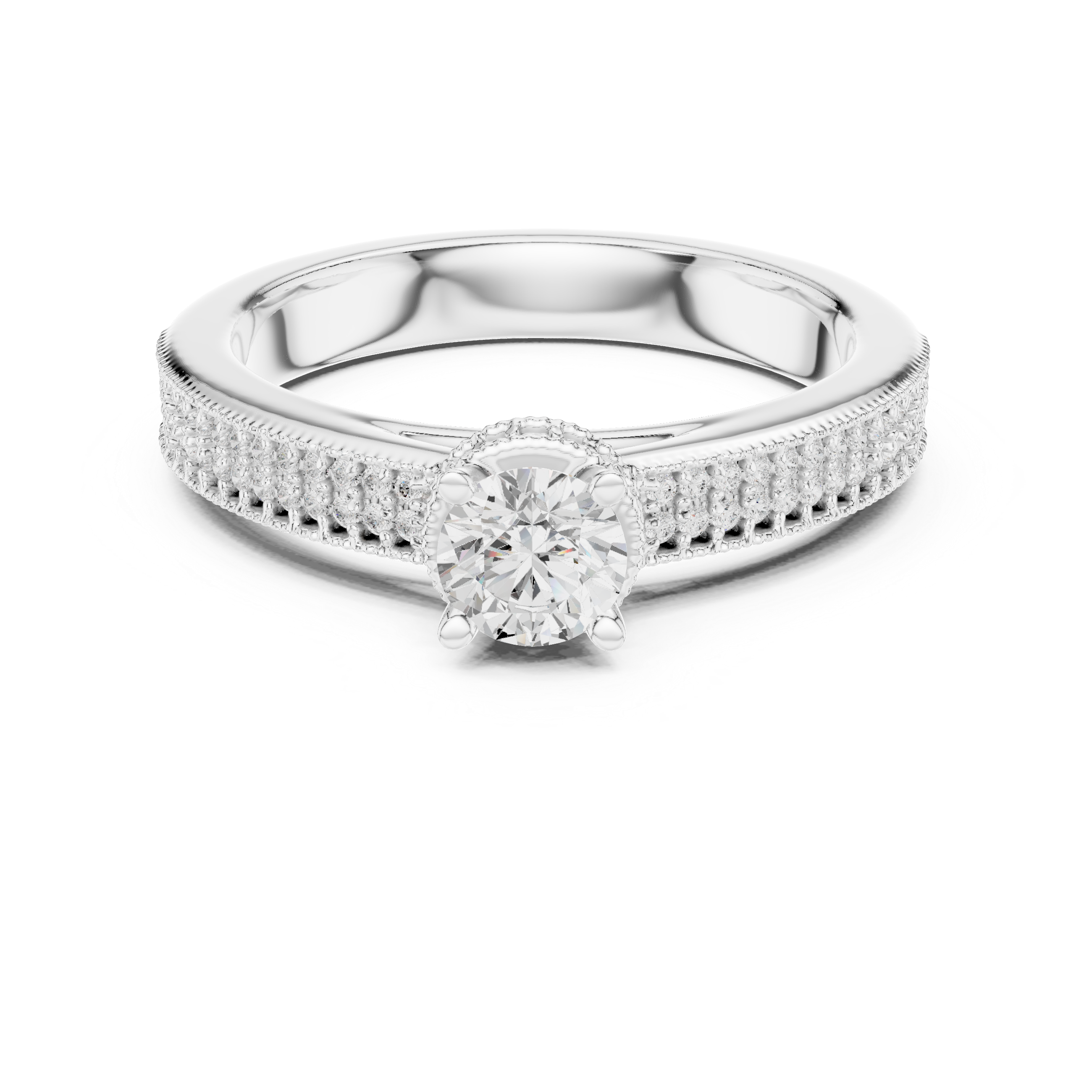 Crown-Set Solitaire Diamond Ring with Double Pave Band