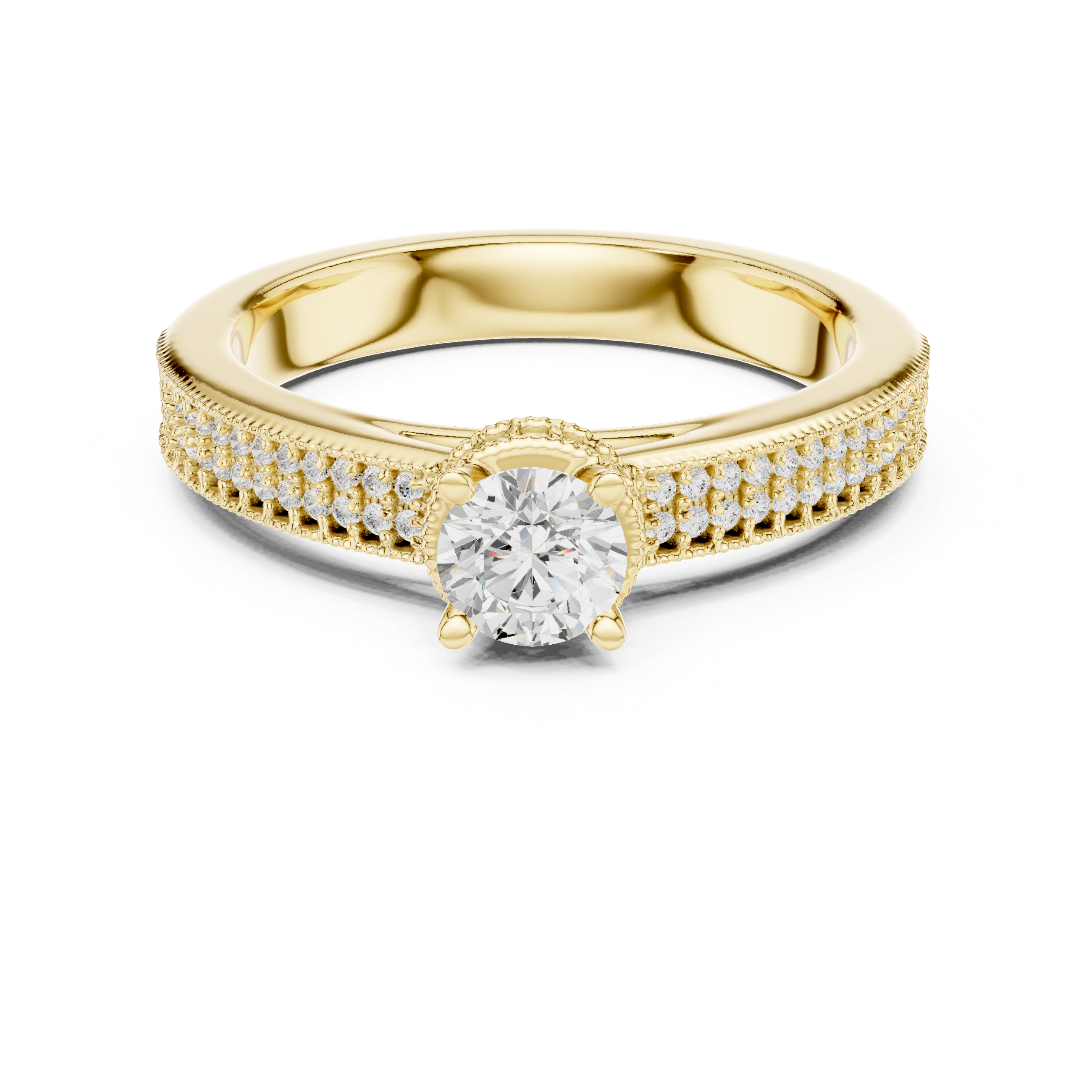Crown-Set Solitaire Diamond Ring with Double Pave Band
