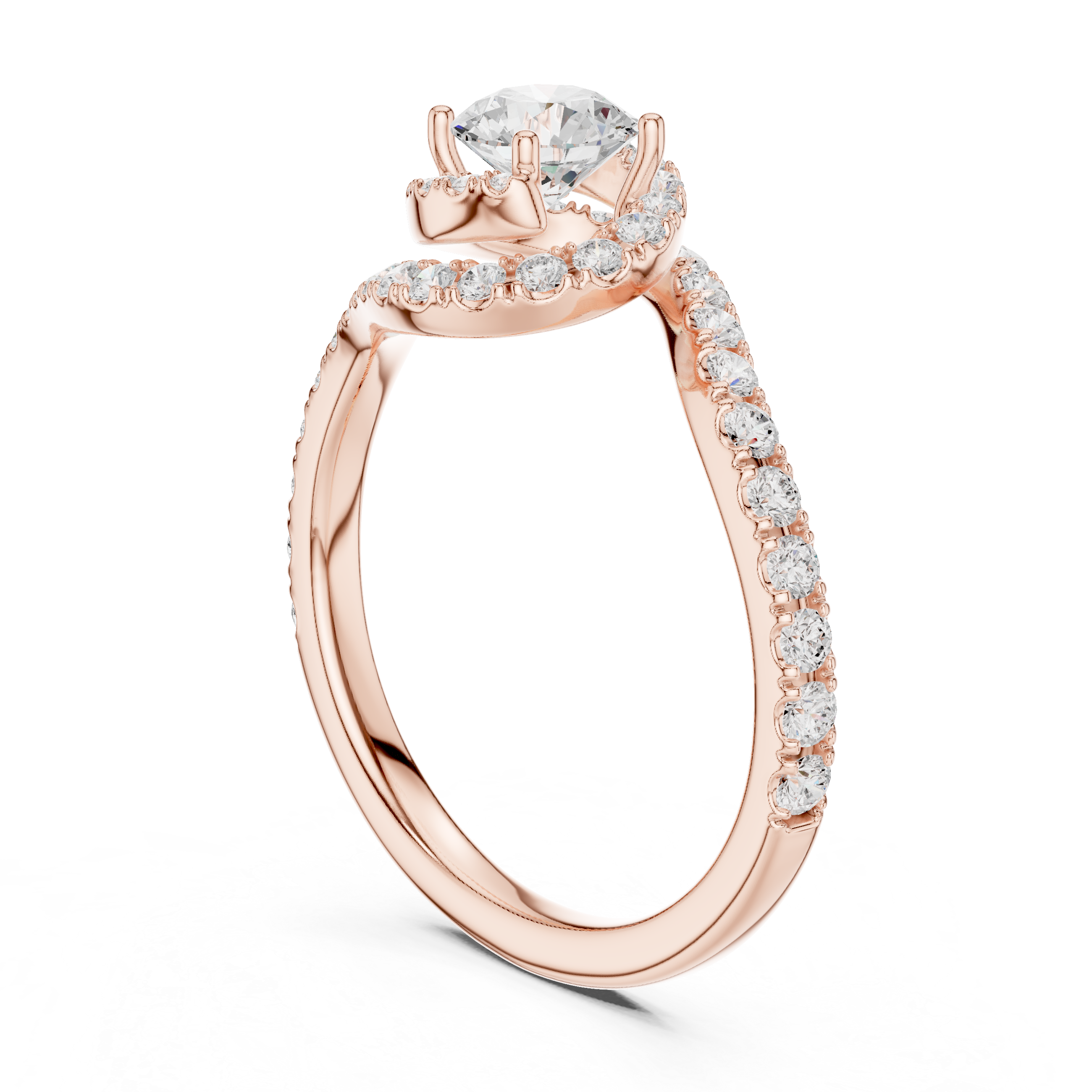 Twisted Halo Solitaire Diamond Ring with Pave Band