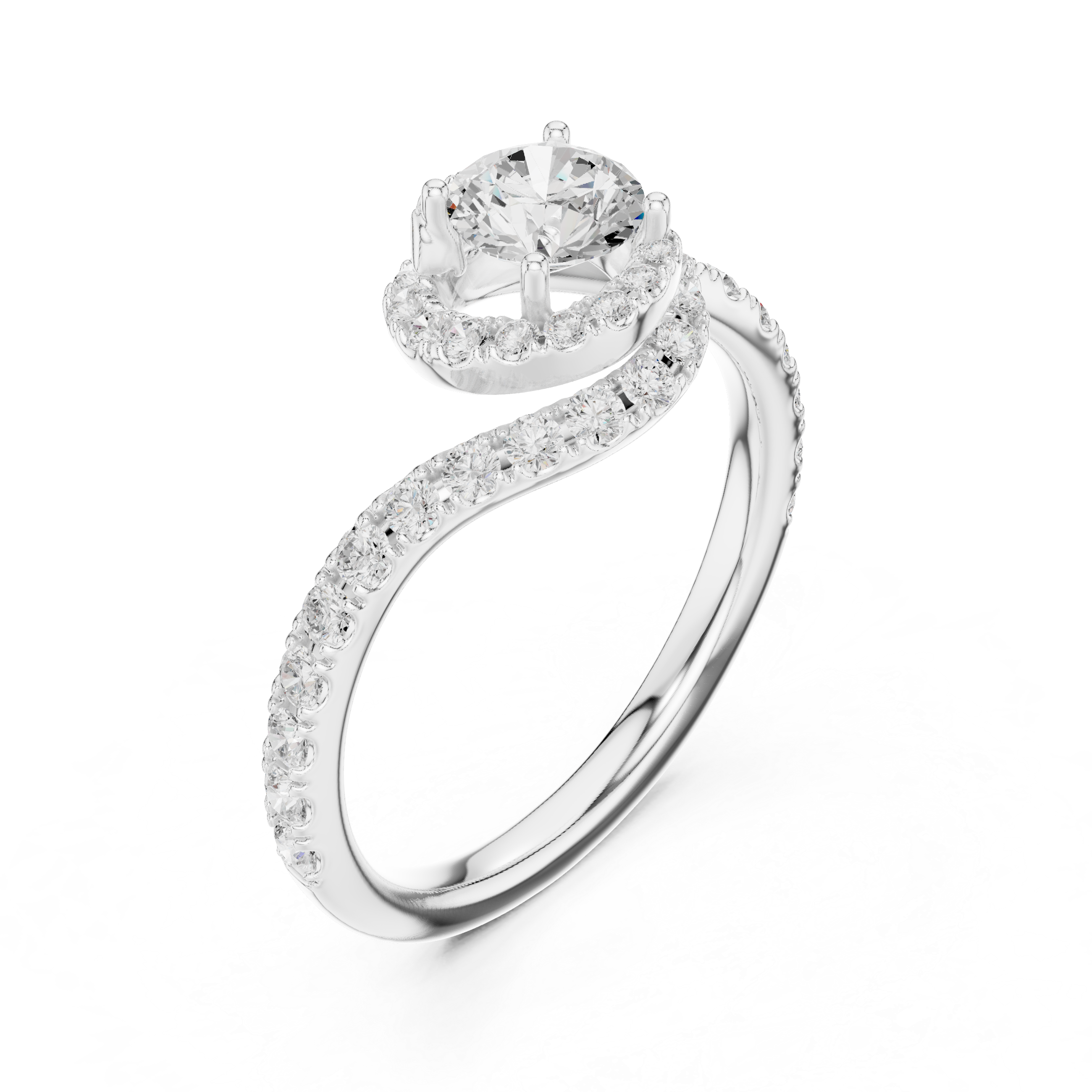 Twisted Halo Solitaire Diamond Ring with Pave Band