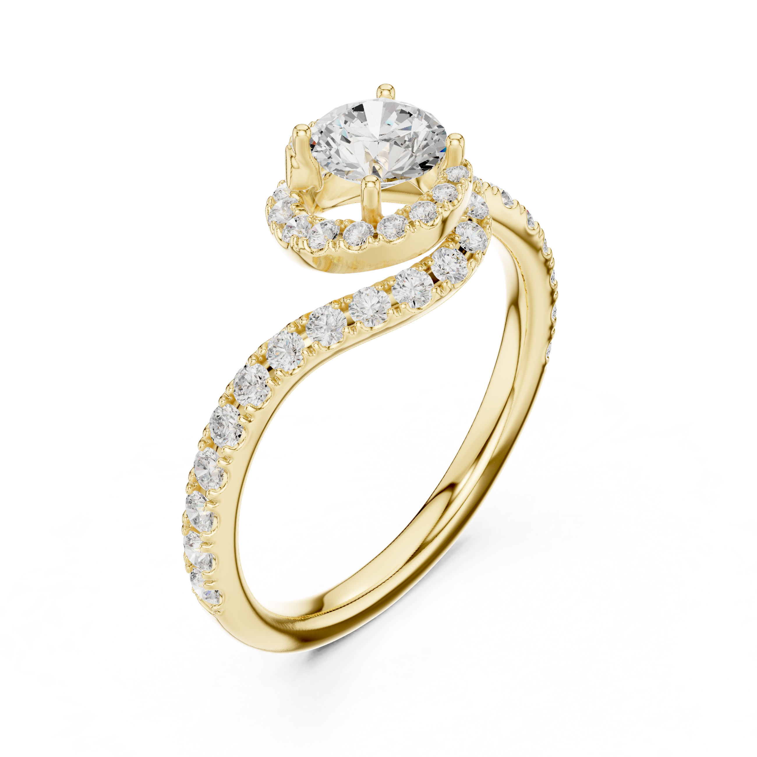 Twisted Halo Solitaire Diamond Ring with Pave Band