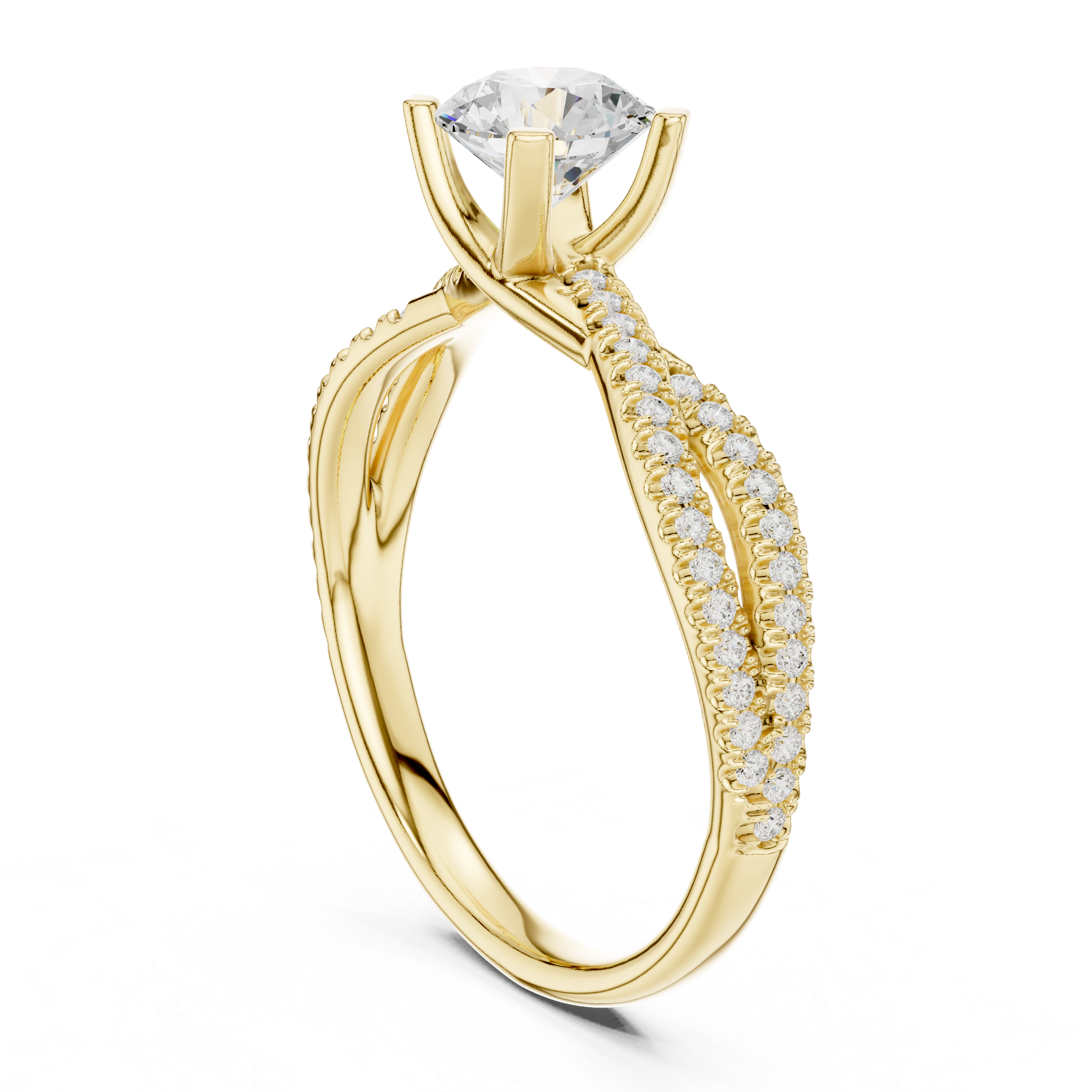 Graceful Twist Diamond Engagement Ring with Double Pav? Band and Round Center Stone