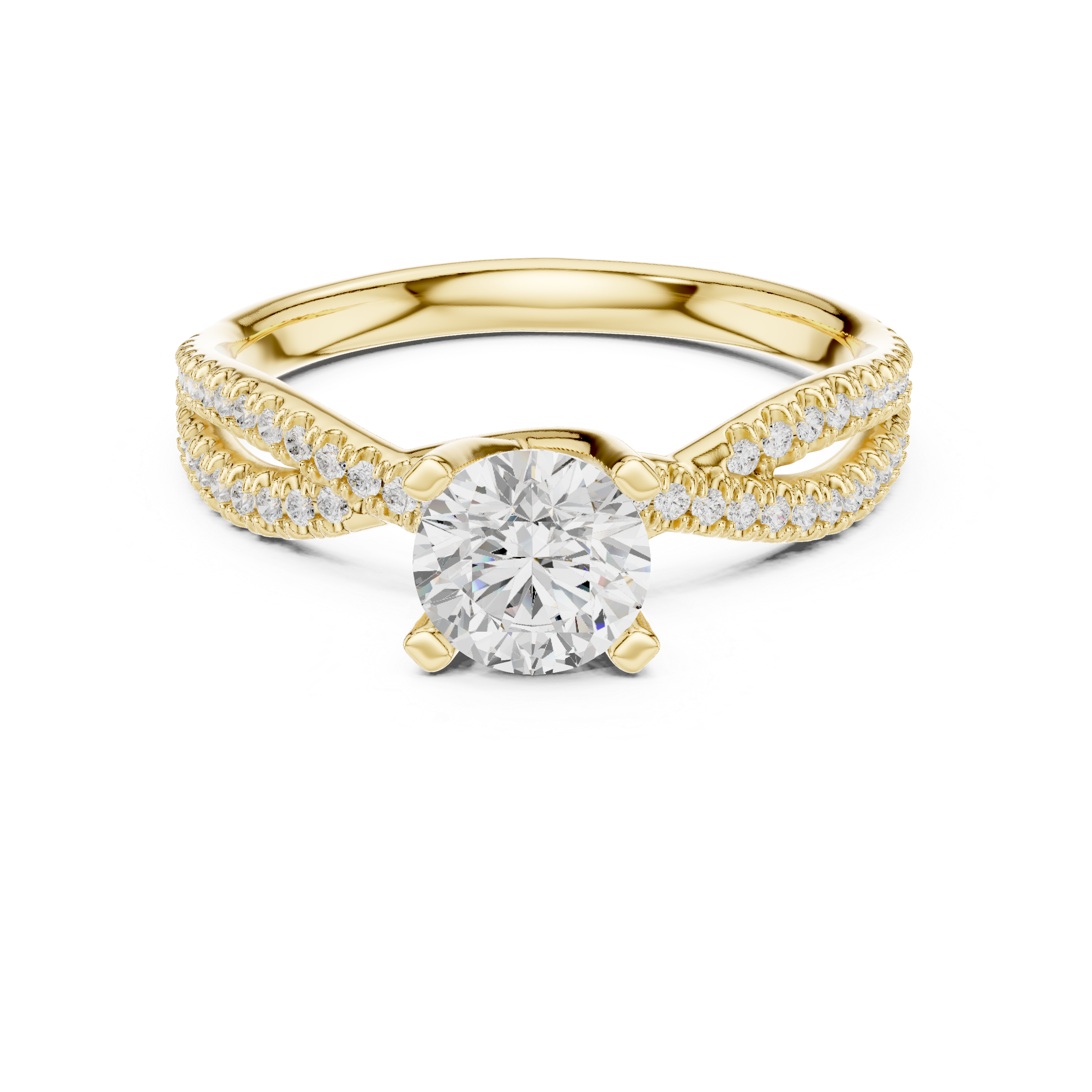 Graceful Twist Diamond Engagement Ring with Double Pav? Band and Round Center Stone