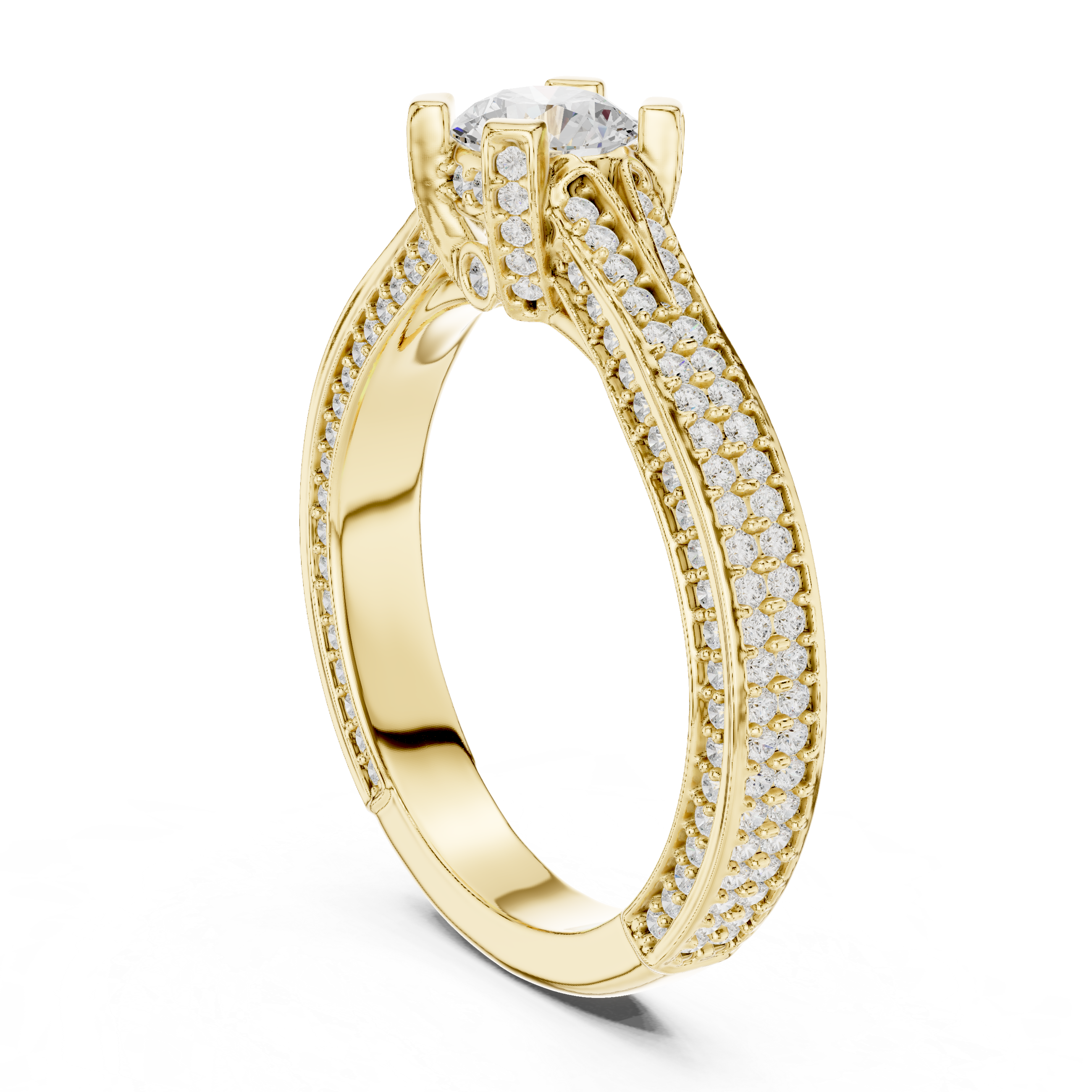 Exquisite Triple Row Pav? Diamond Engagement Ring with Round Center