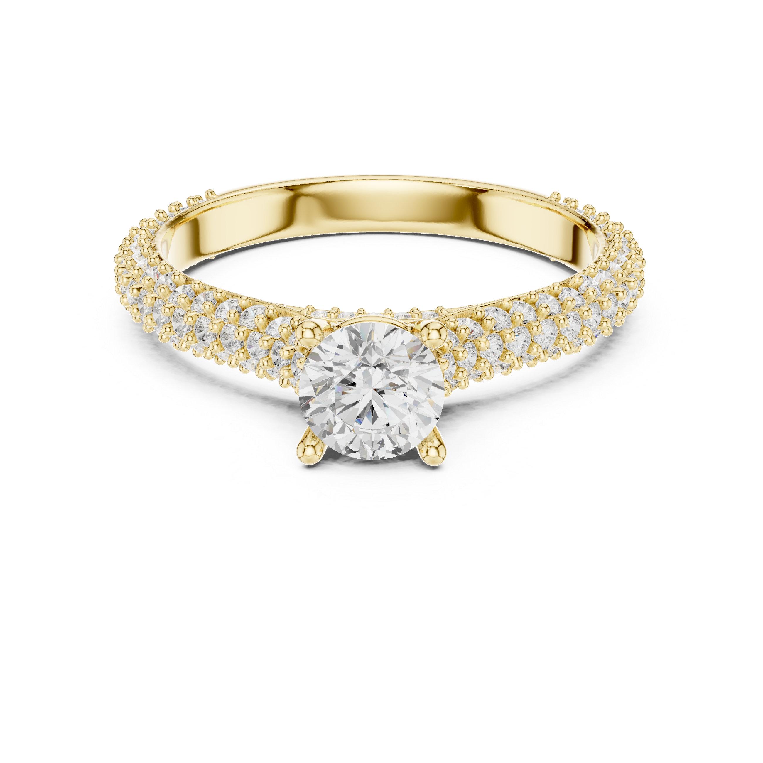 round brilliant center diamond and a triple row of pav?-set diamonds