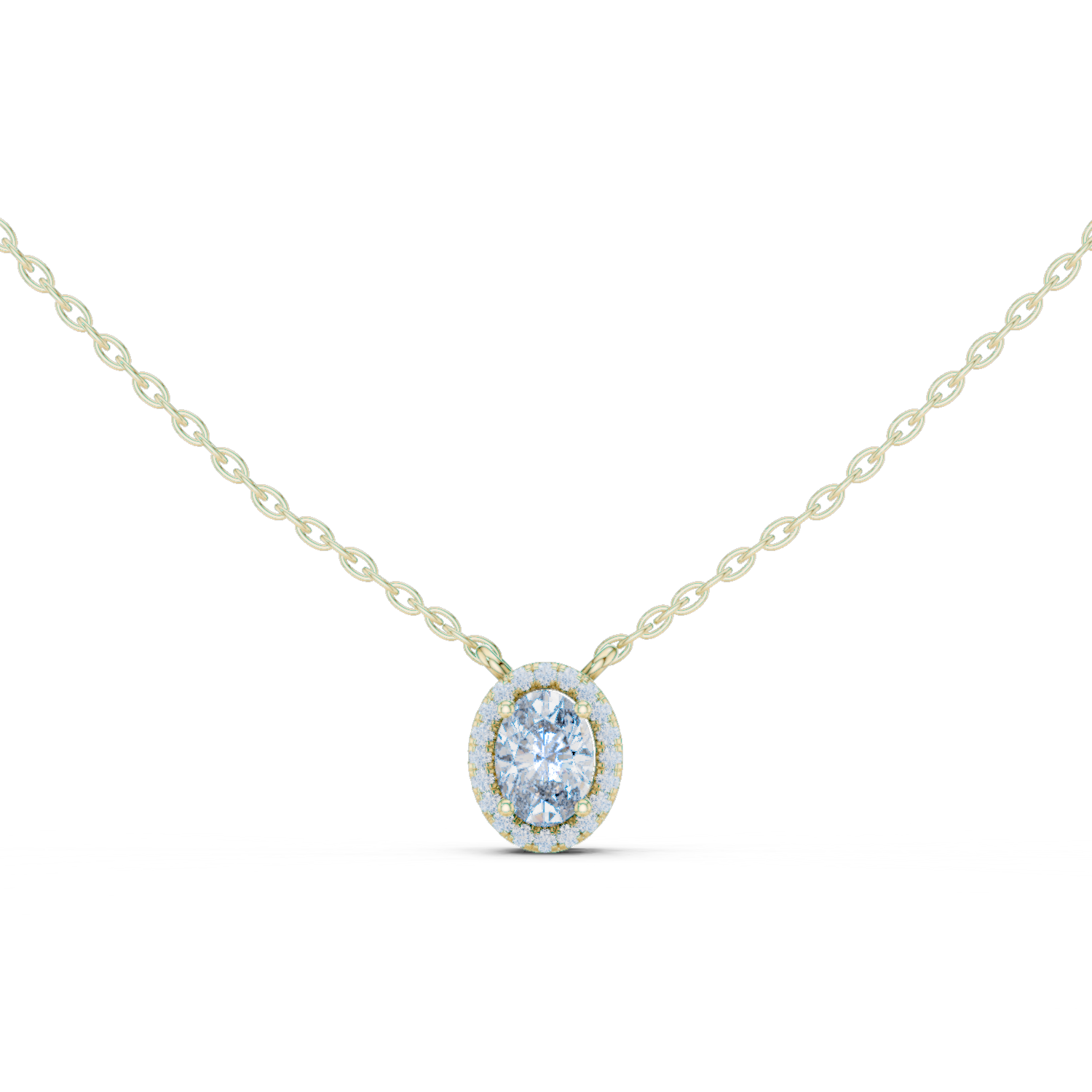 oval-cut diamond surrounded by a halo of smaller diamonds.