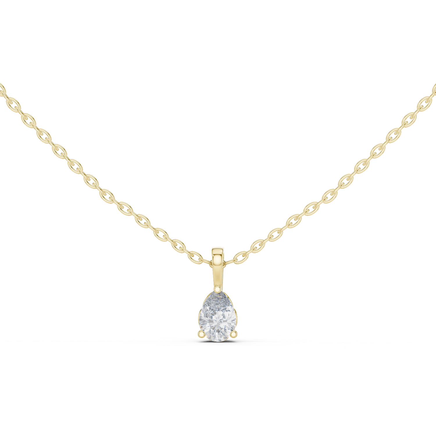 Exquisite pear-shaped diamond pendant with a refined three-prong setting and polished bail.