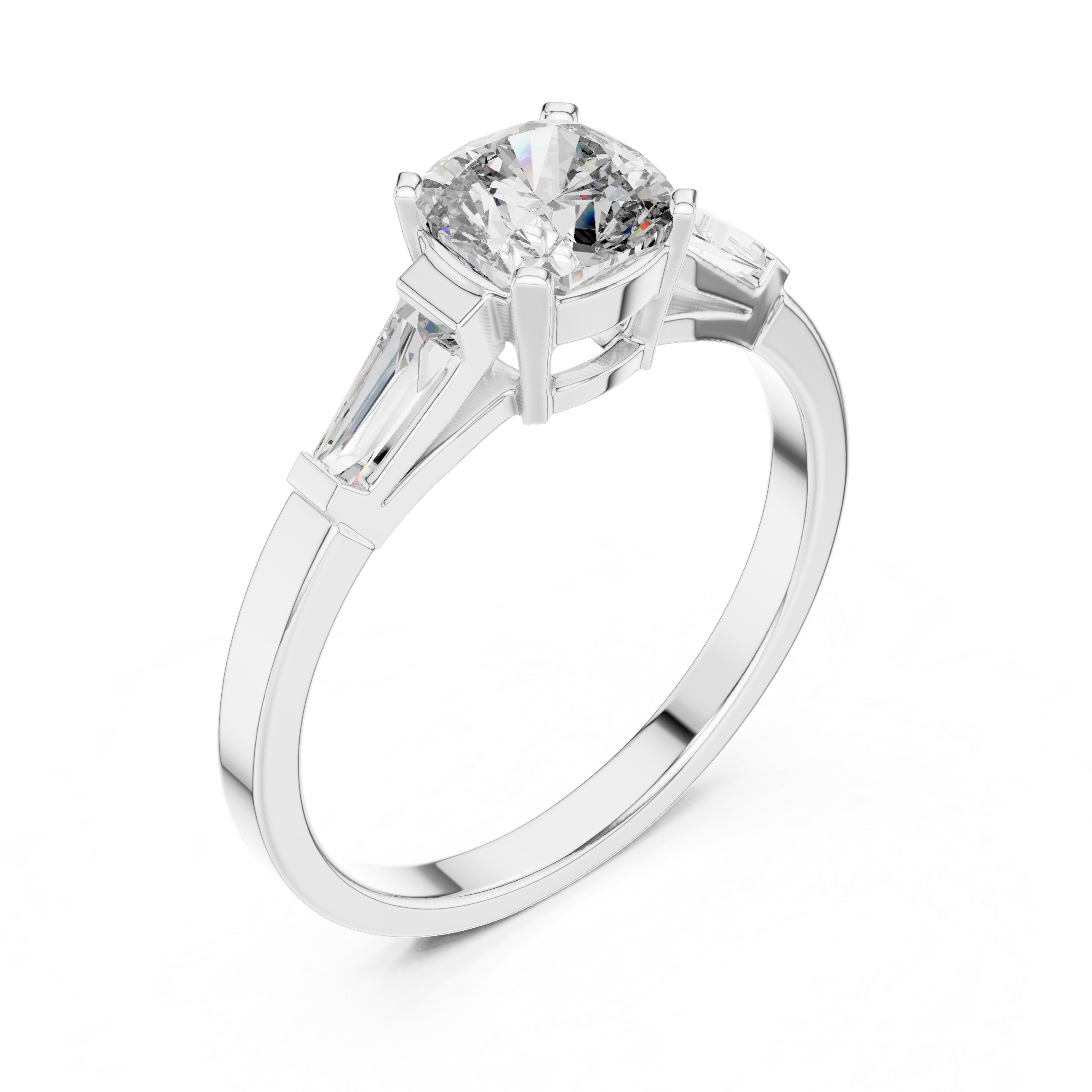 Three-Stone Engagement Ring with Round Brilliant and Tapered Baguette Diamonds