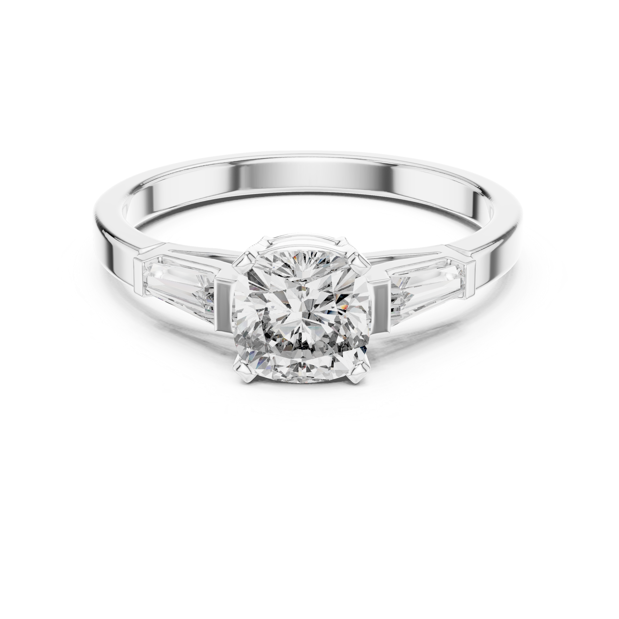 Three-Stone Engagement Ring with Round Brilliant and Tapered Baguette Diamonds
