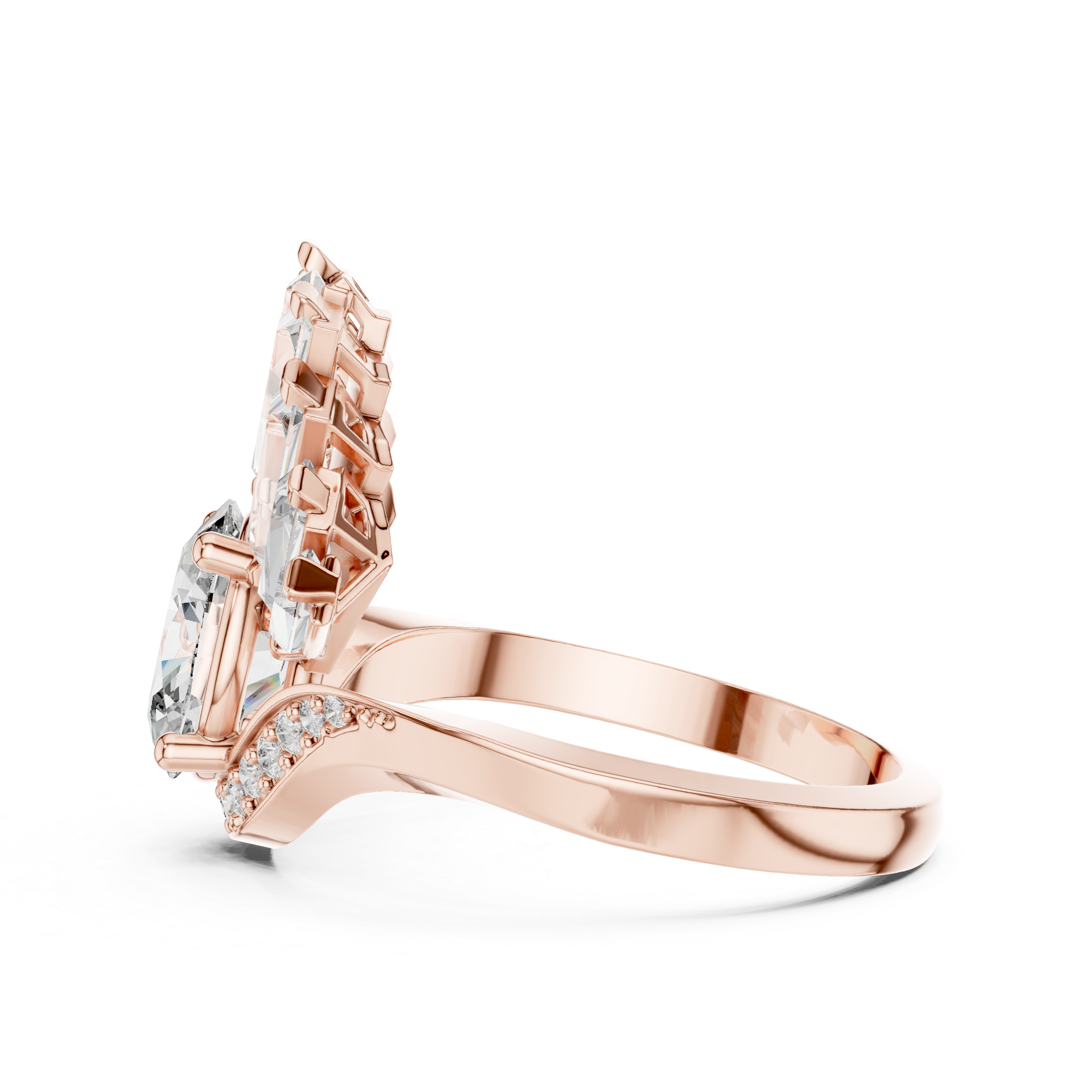 Fan Halo Ring with Oval-Cut Center and Tapered Baguette Diamonds