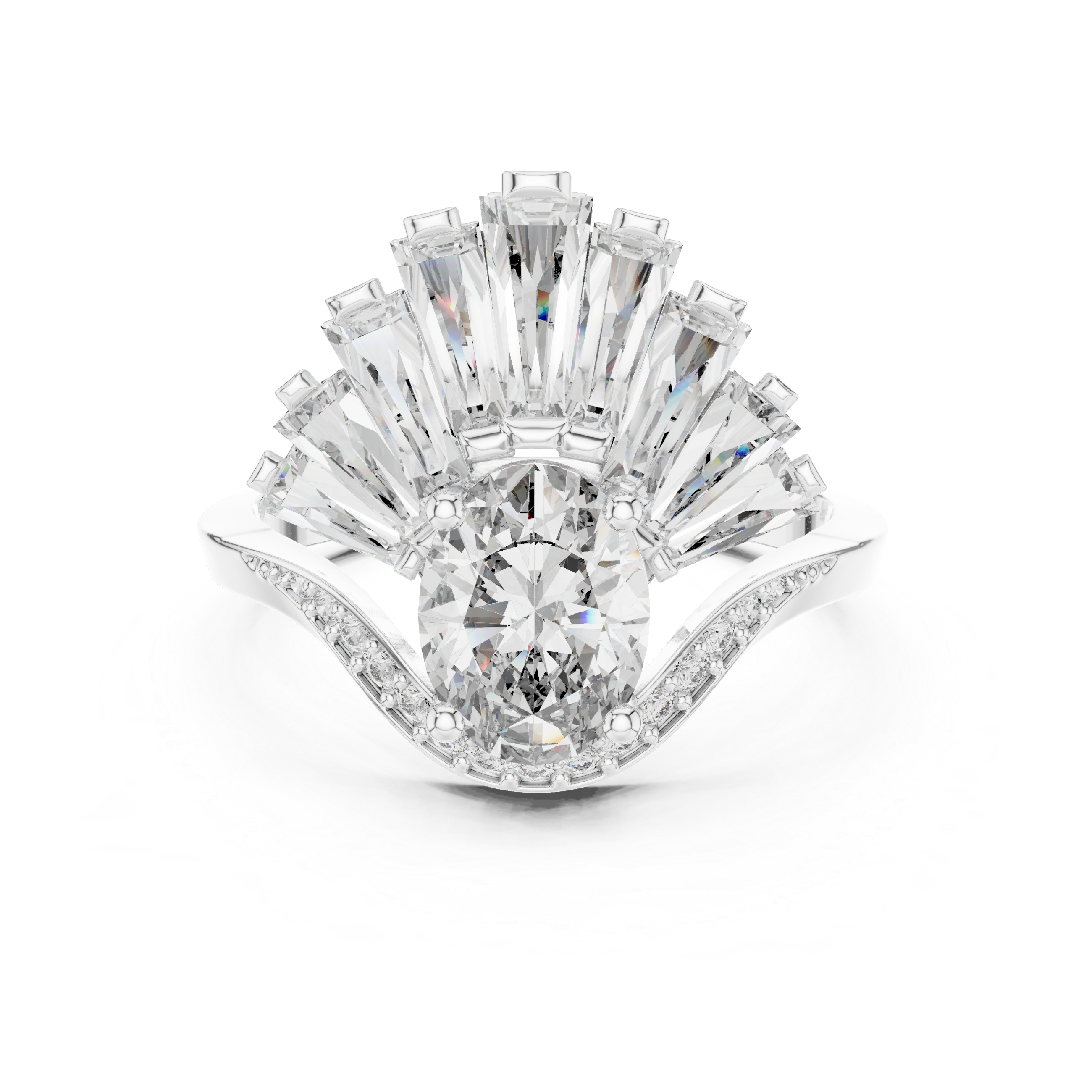 Fan Halo Ring with Oval-Cut Center and Tapered Baguette Diamonds