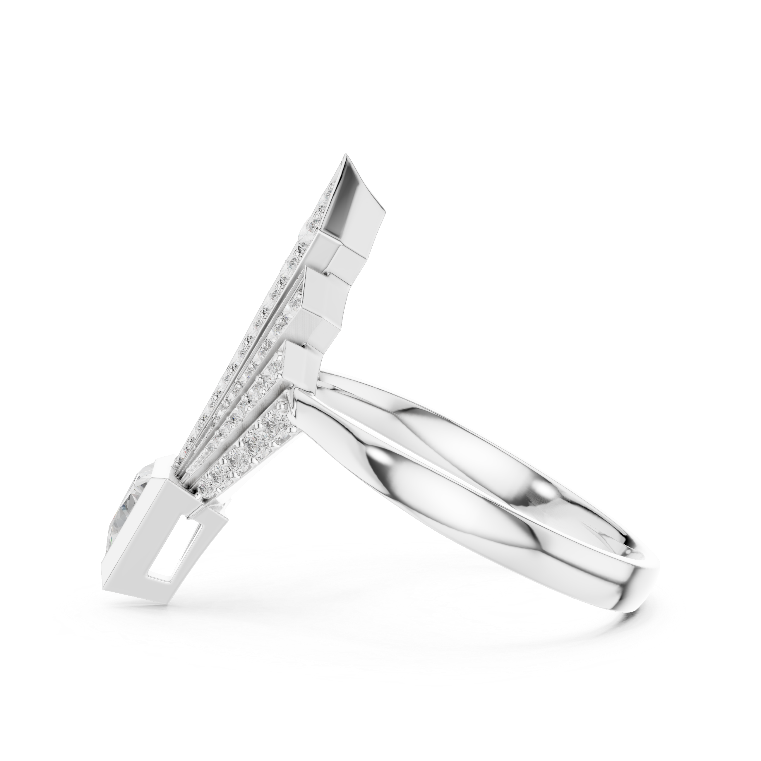 Art Deco-Inspired Ring with Trillion-Cut Center and Diamond Fan Detail