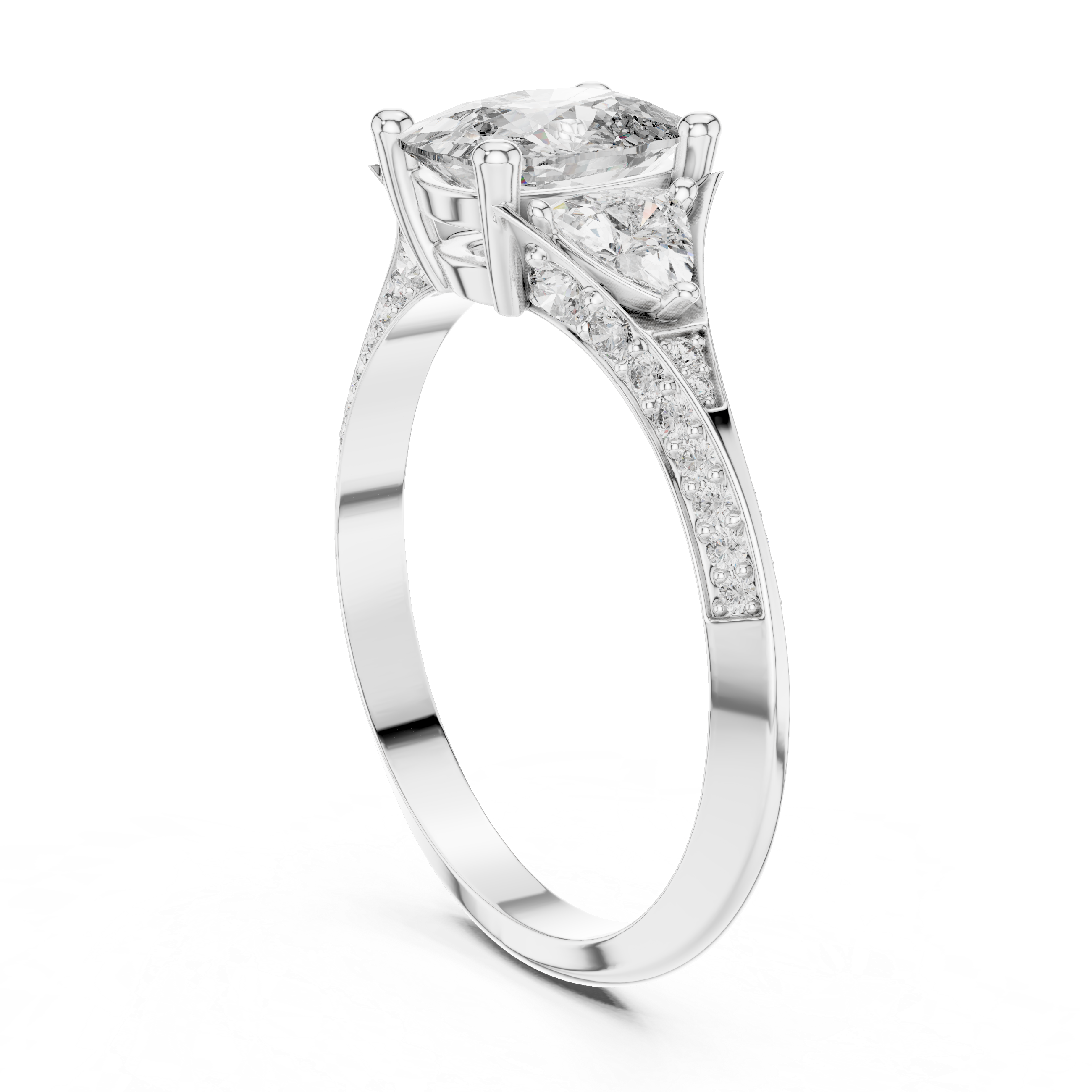 Oval-Cut Diamond Ring with Trillion Side Stones in Rose Gold