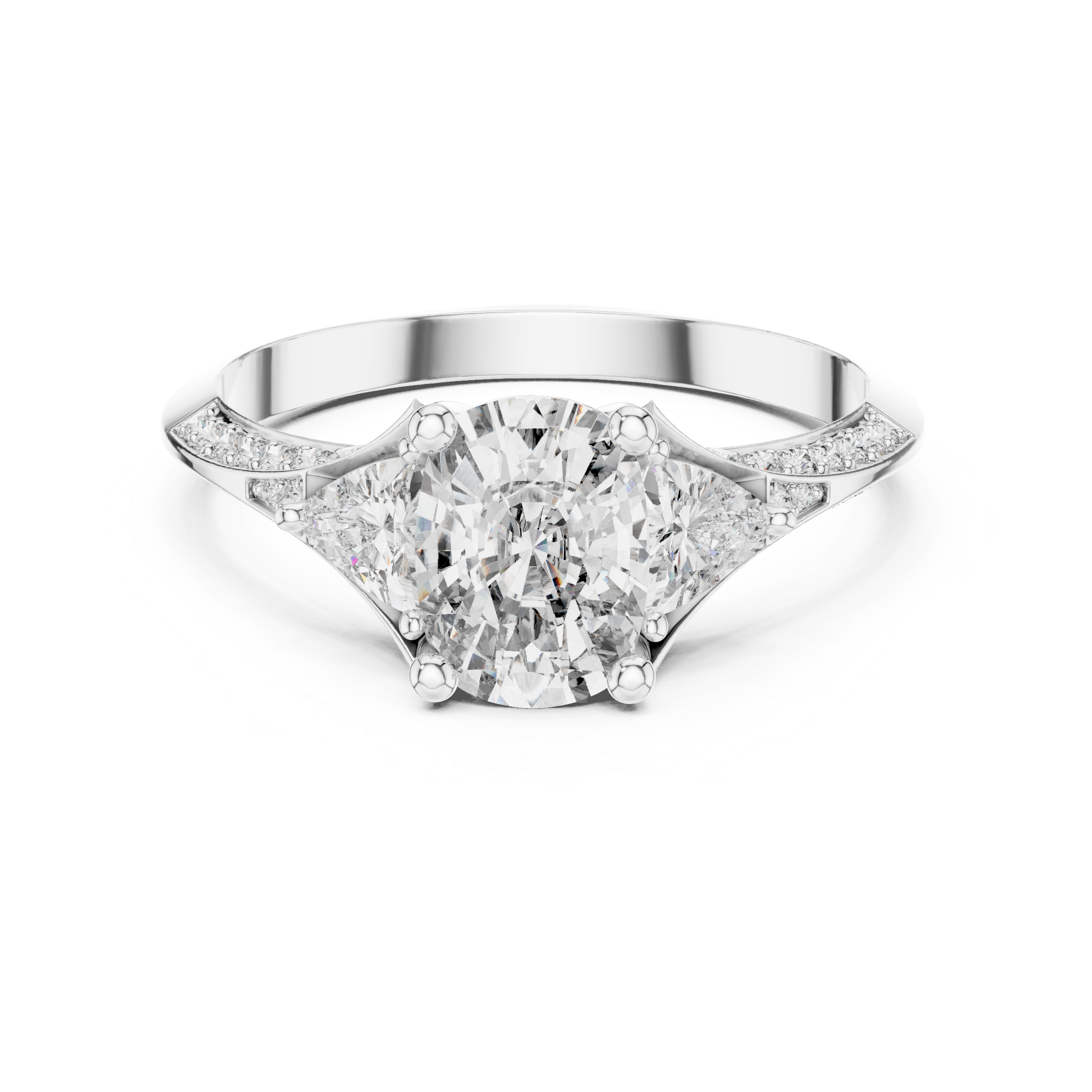 Oval-Cut Diamond Ring with Trillion Side Stones in Rose Gold