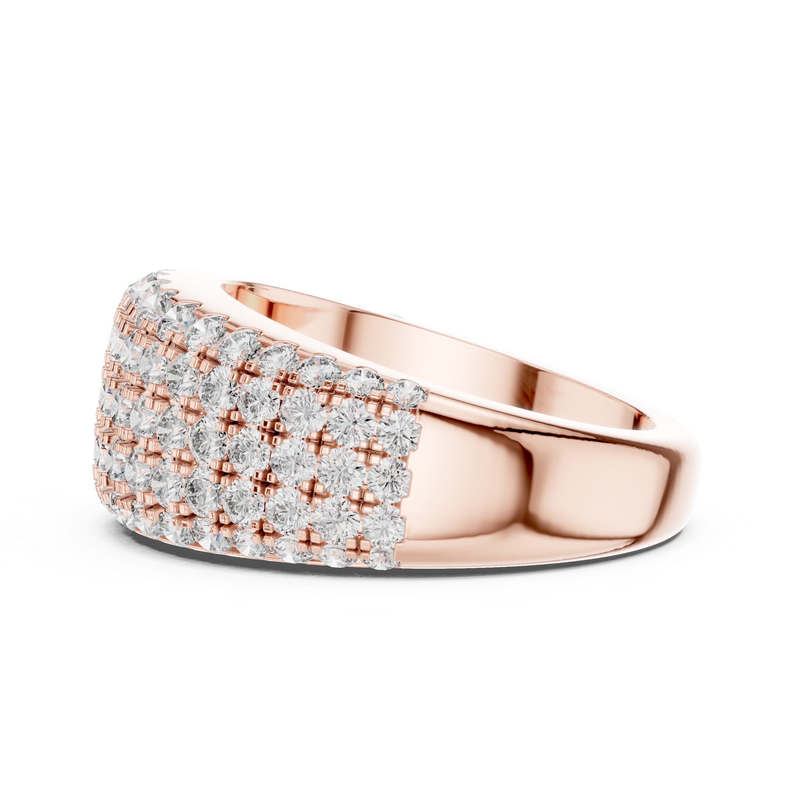 A dazzling rose gold ring adorned with rows of sparkling diamonds for a bold, elegant statement.