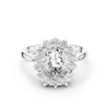 Rose gold halo engagement ring with oval center diamond and round diamond accents