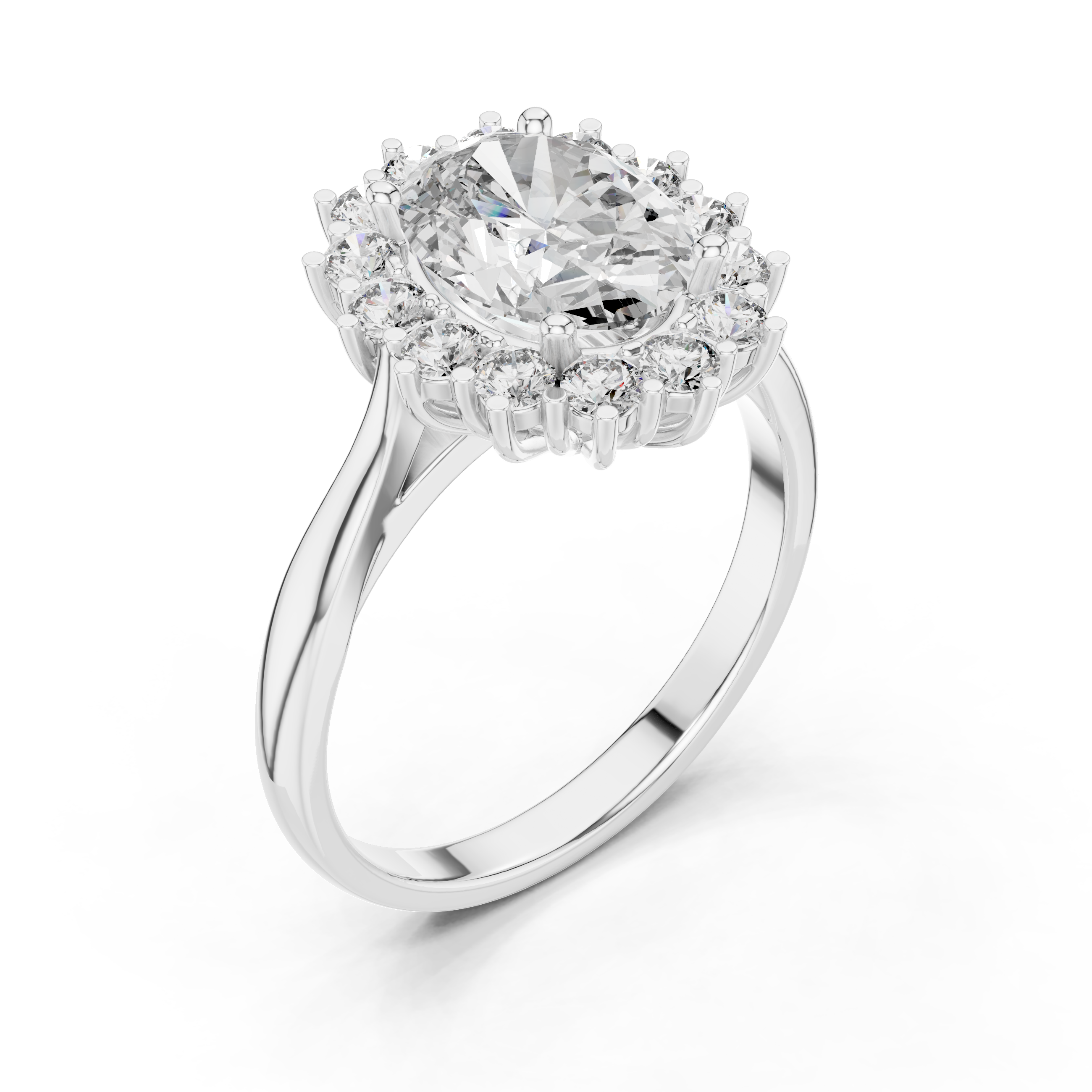 Rose gold halo engagement ring with oval center diamond and round diamond accents