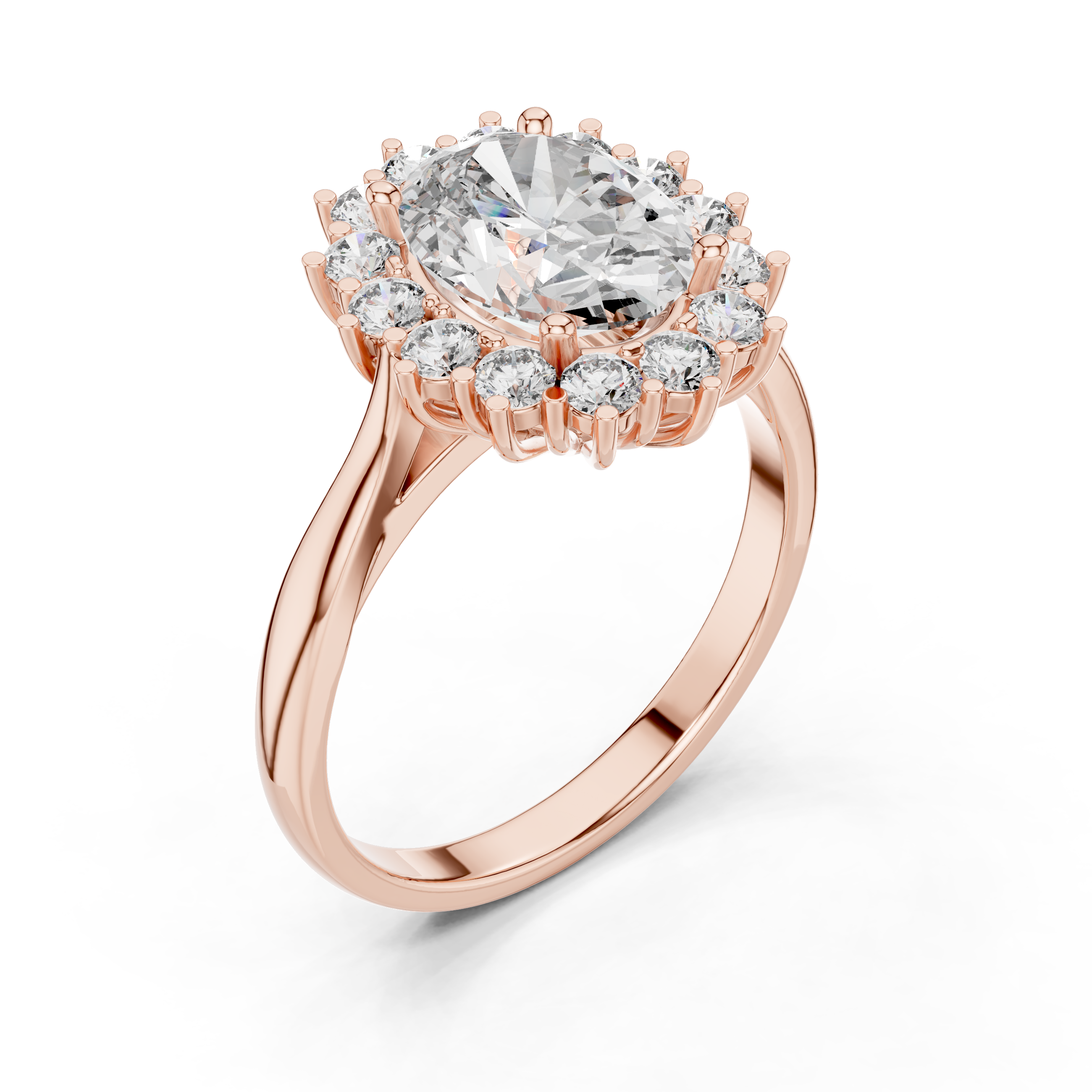 Rose gold halo engagement ring with oval center diamond and round diamond accents