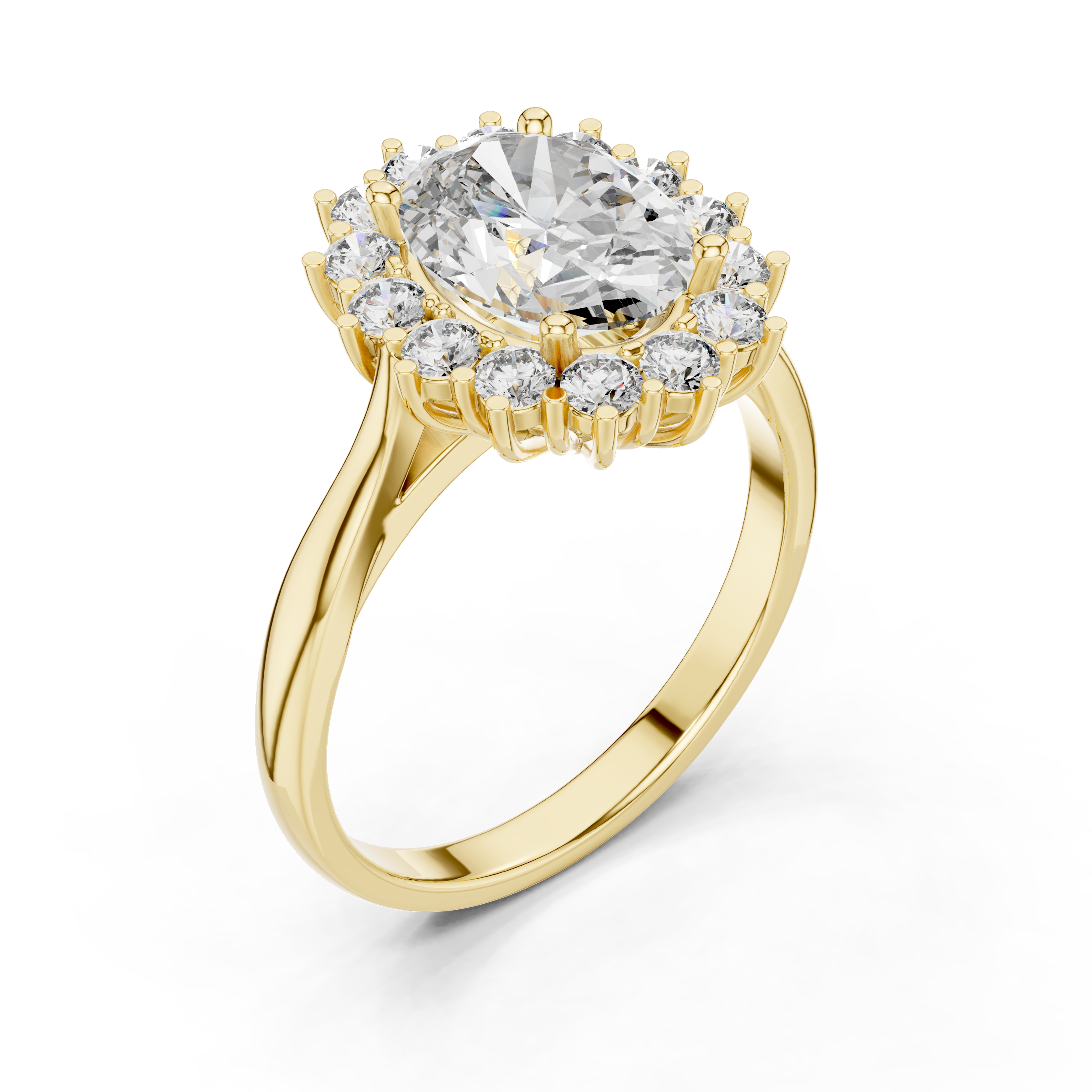 Rose gold halo engagement ring with oval center diamond and round diamond accents