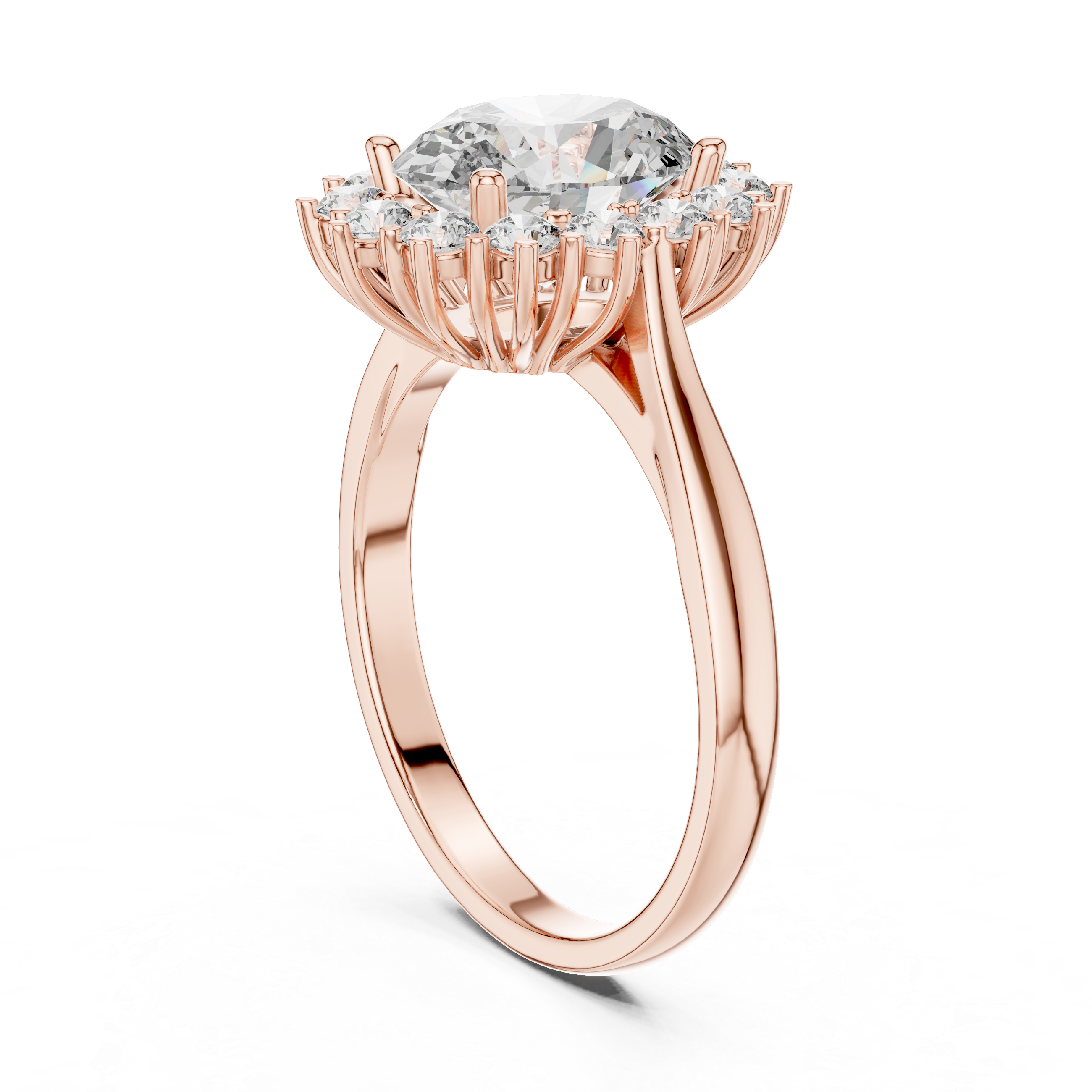 Rose gold halo engagement ring with oval center diamond and round diamond accents