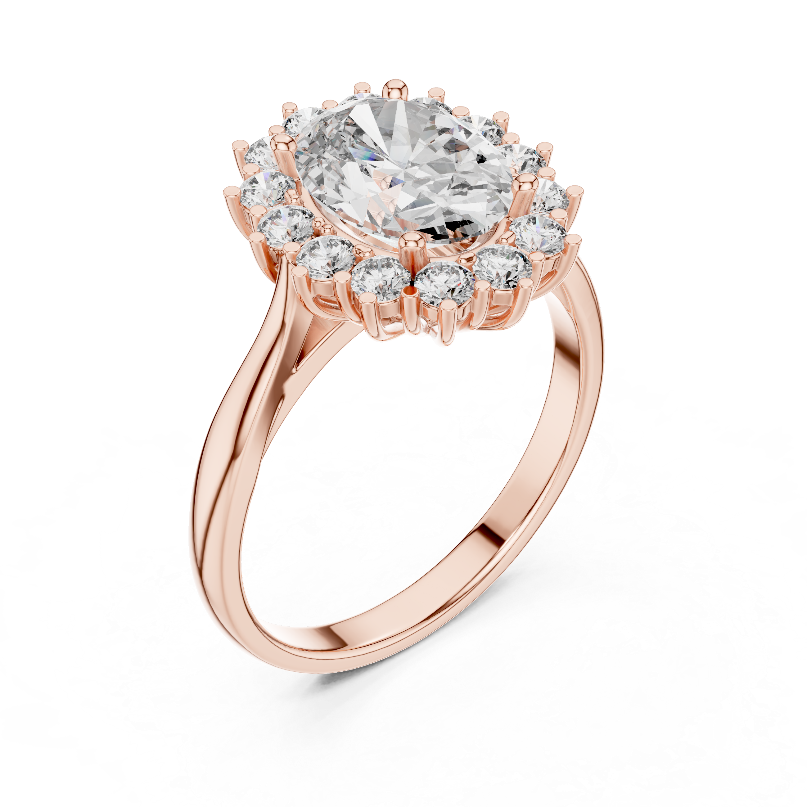 Rose gold halo engagement ring with oval center diamond and round diamond accents