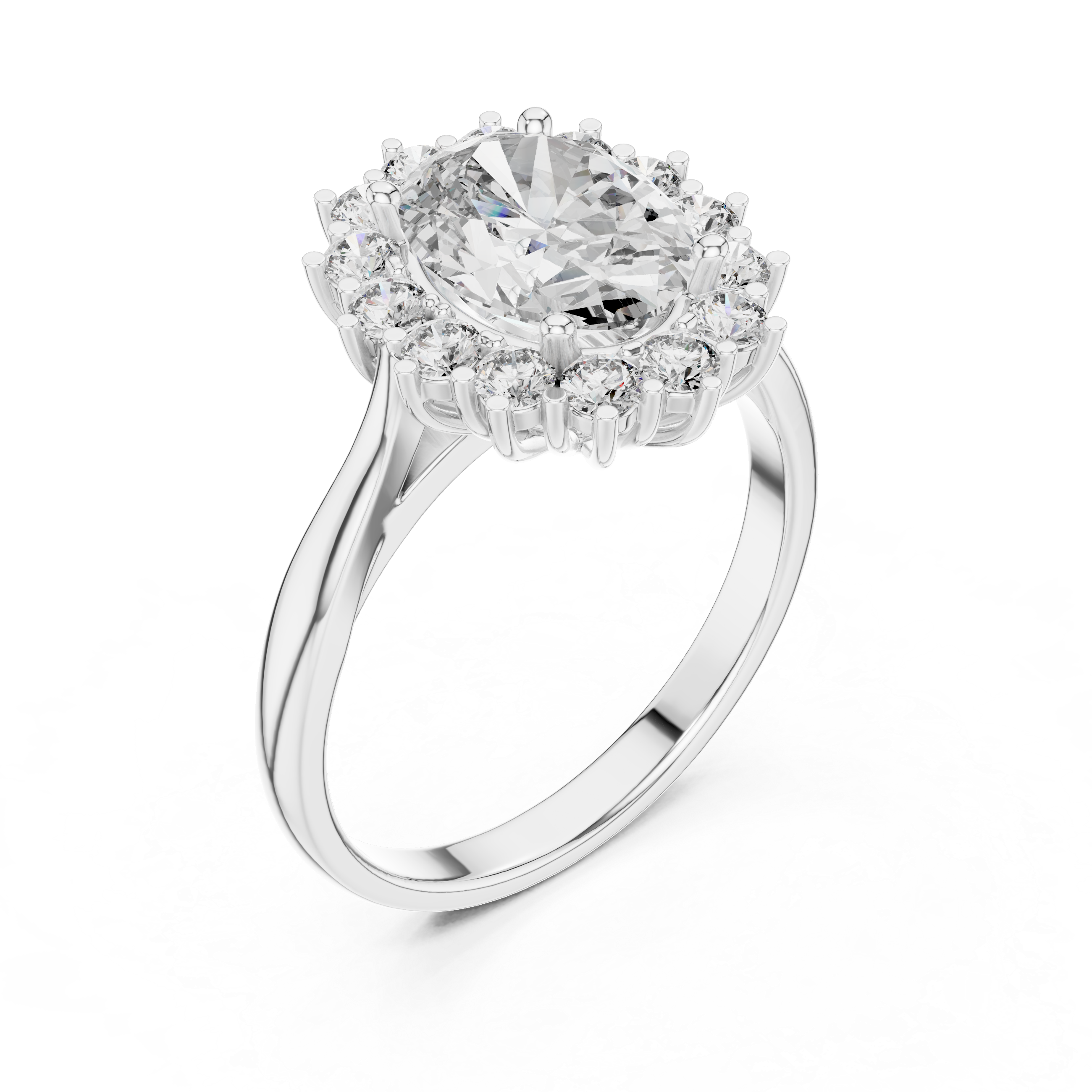 Rose gold halo engagement ring with oval center diamond and round diamond accents