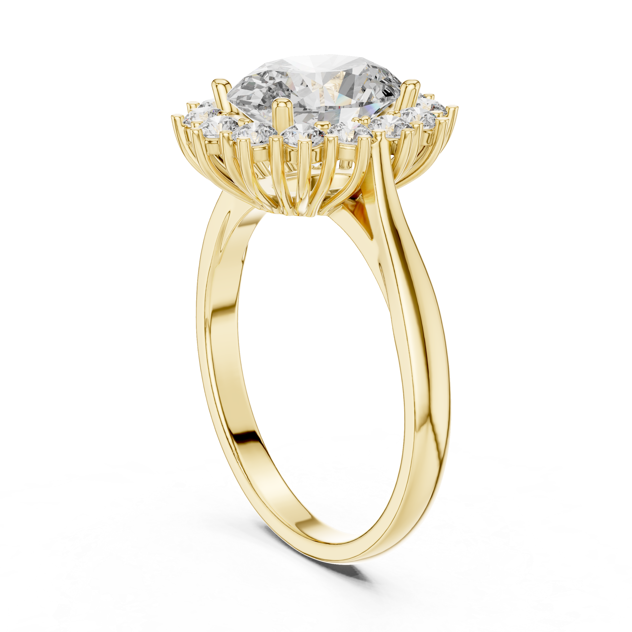 Rose gold halo engagement ring with oval center diamond and round diamond accents
