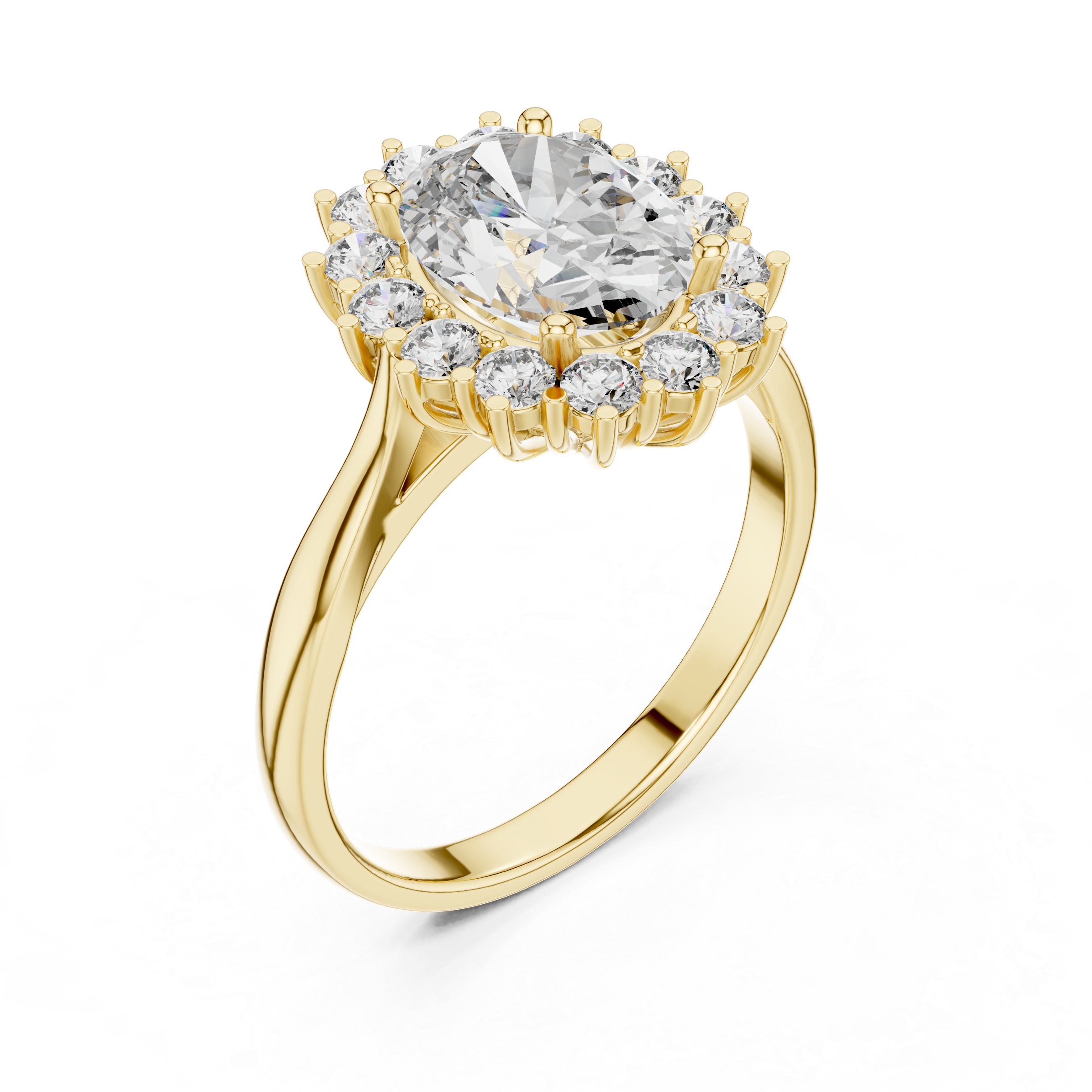 Rose gold halo engagement ring with oval center diamond and round diamond accents