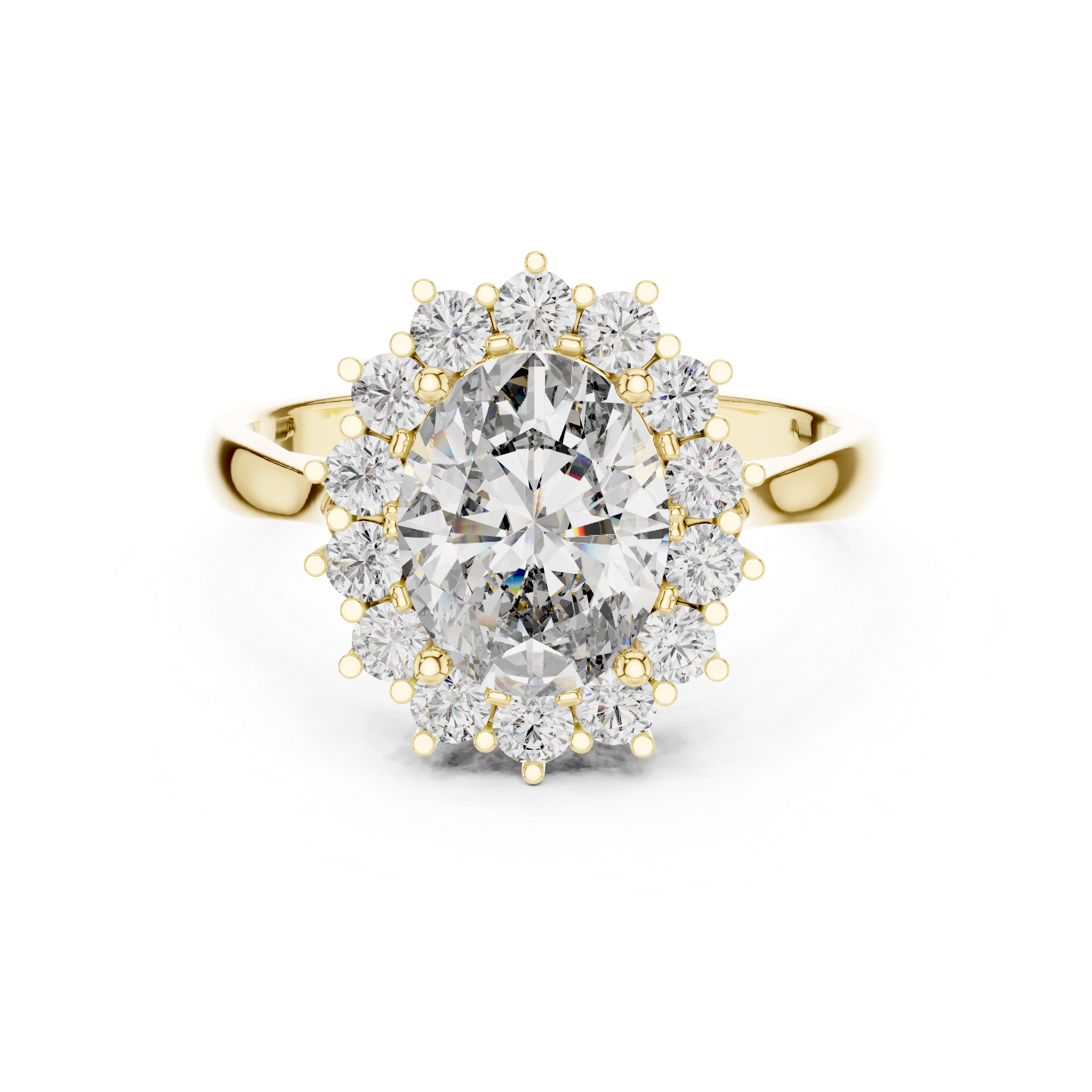 Rose gold halo engagement ring with oval center diamond and round diamond accents