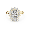 Rose gold halo engagement ring with oval center diamond and round diamond accents