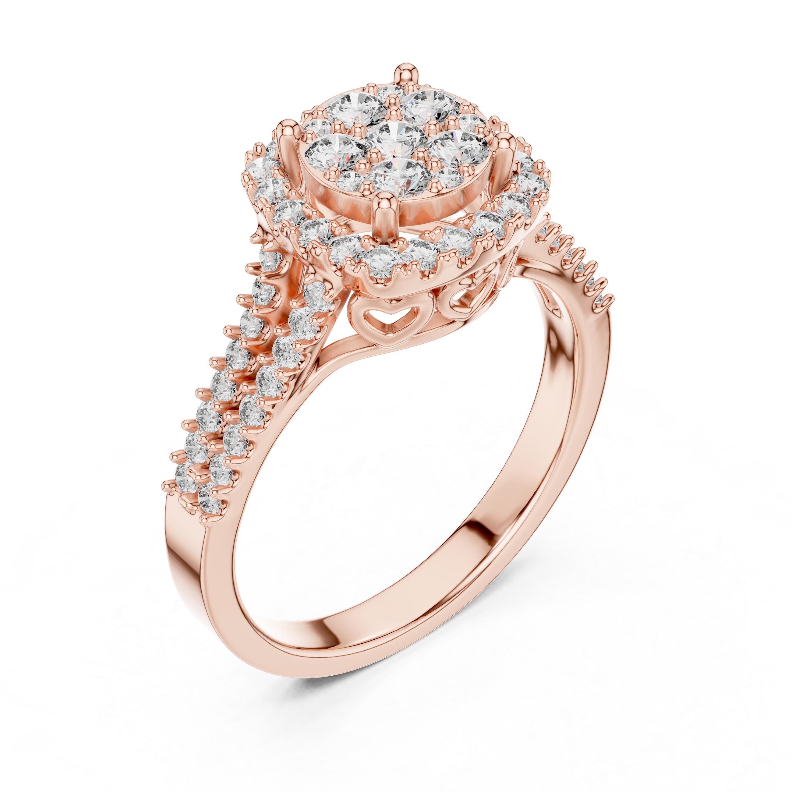Elegant Rose Gold Diamond Halo Engagement Ring with Heart Detailing