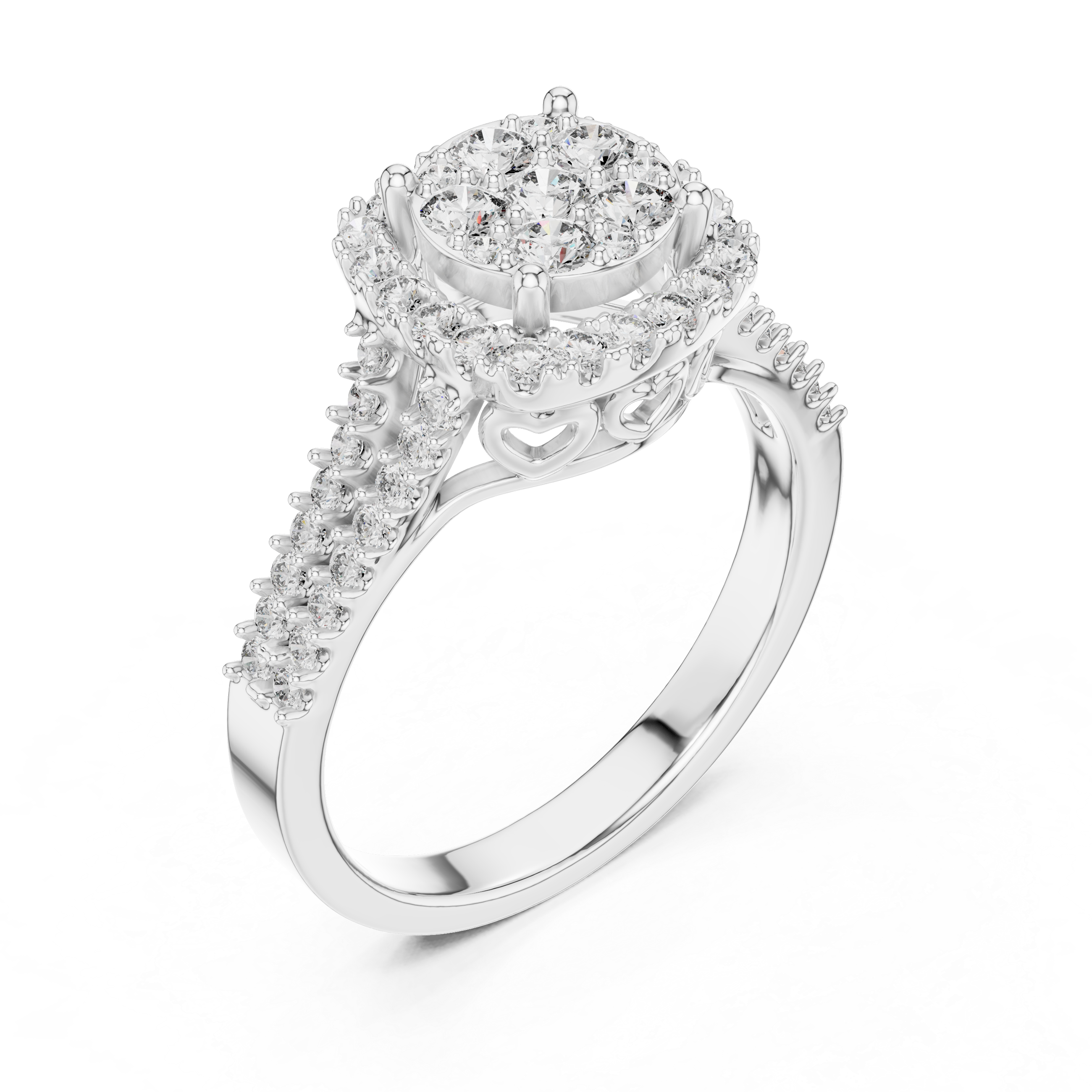 Elegant Rose Gold Diamond Halo Engagement Ring with Heart Detailing