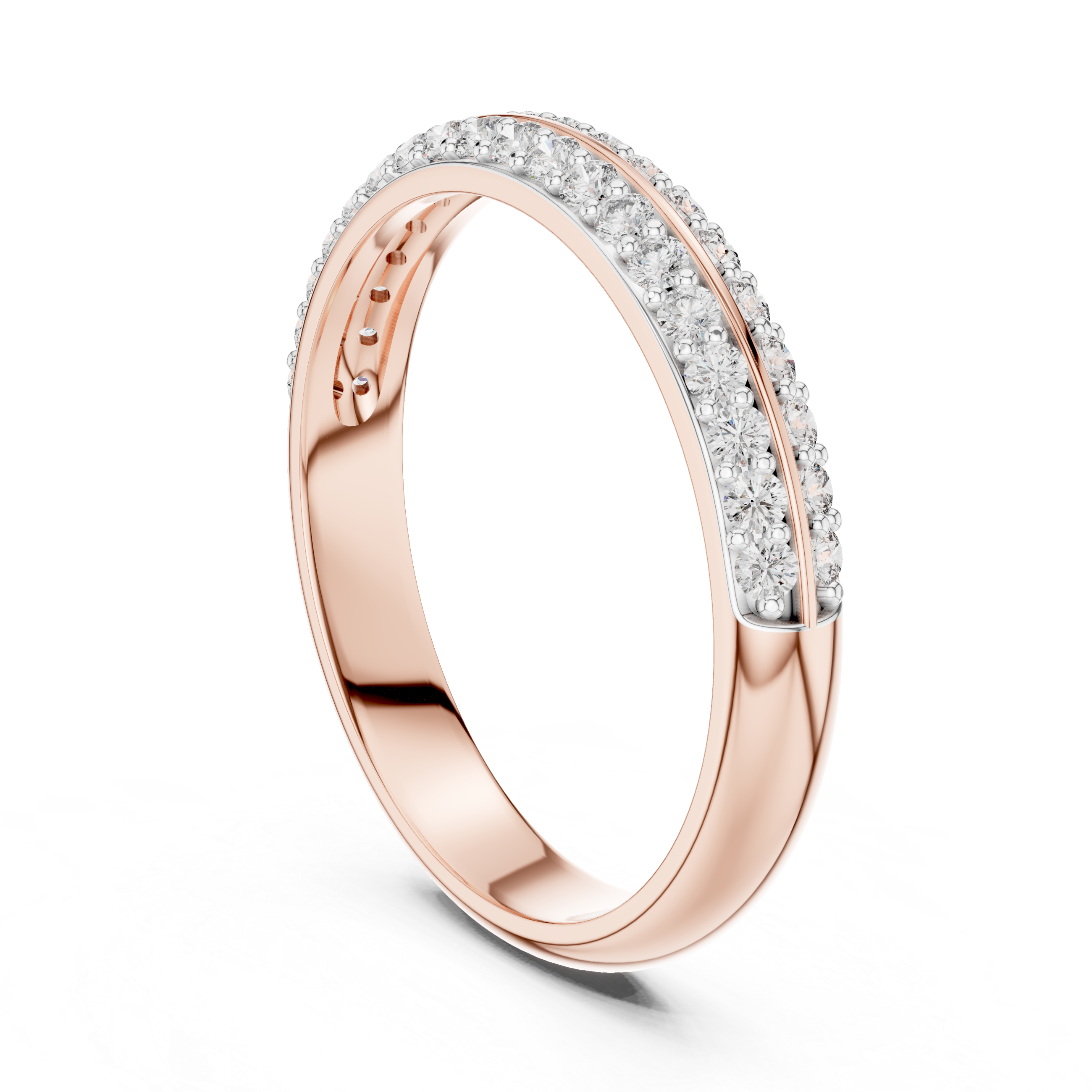 Band ring adorned with a central row of sparkling round-cut diamonds.